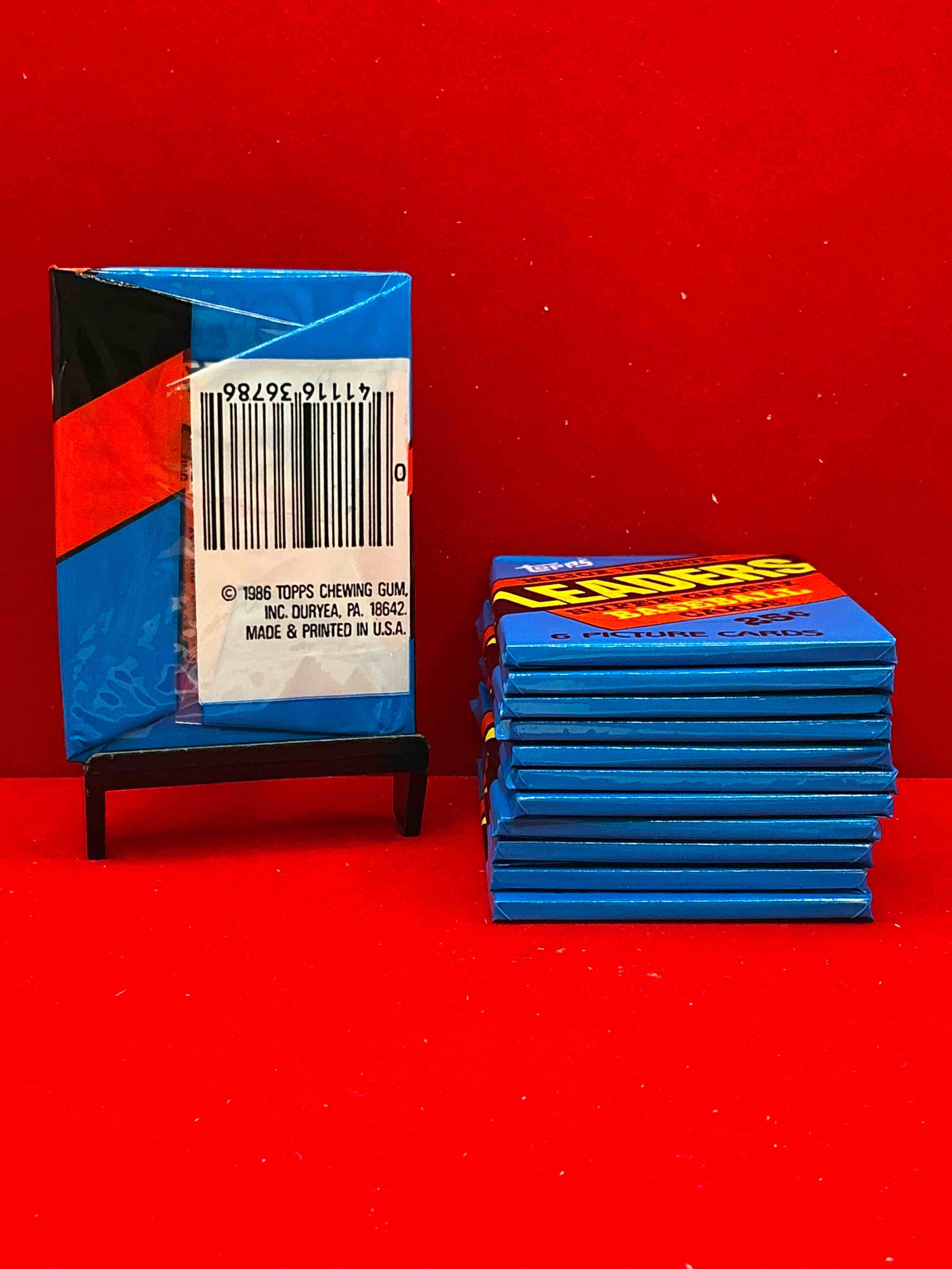 Condition photo showing New/Like New for ultra rare! 1986 "mlb leaders" unopened miniature baseball collectible card packs, 6 cards per pack, direct from original retail case. super rare, impossible to find! like new condition!