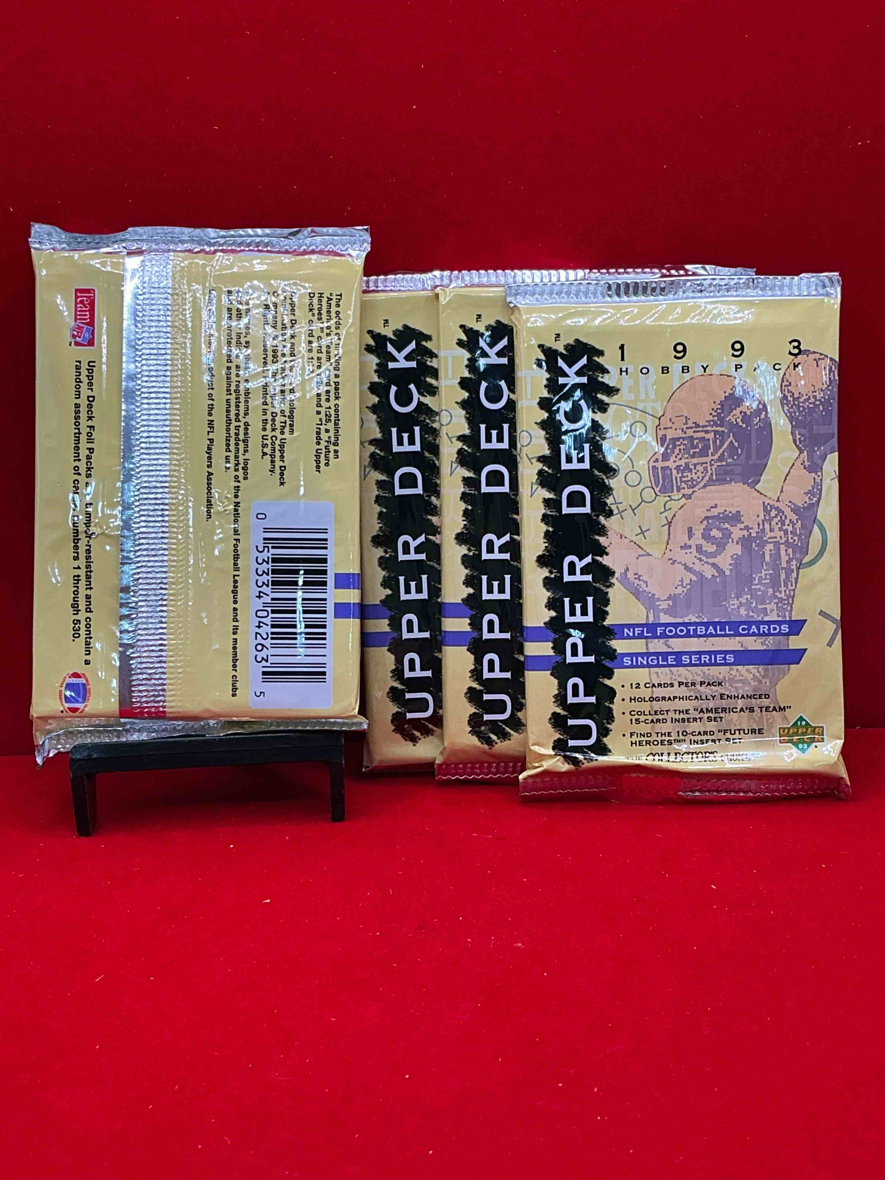 Condition photo showing New/Like New for 1993 upper deck football packs! single series! search for "americas team" 15 card insert set, 10 card "future heroes" insert set & more! legends & stars!