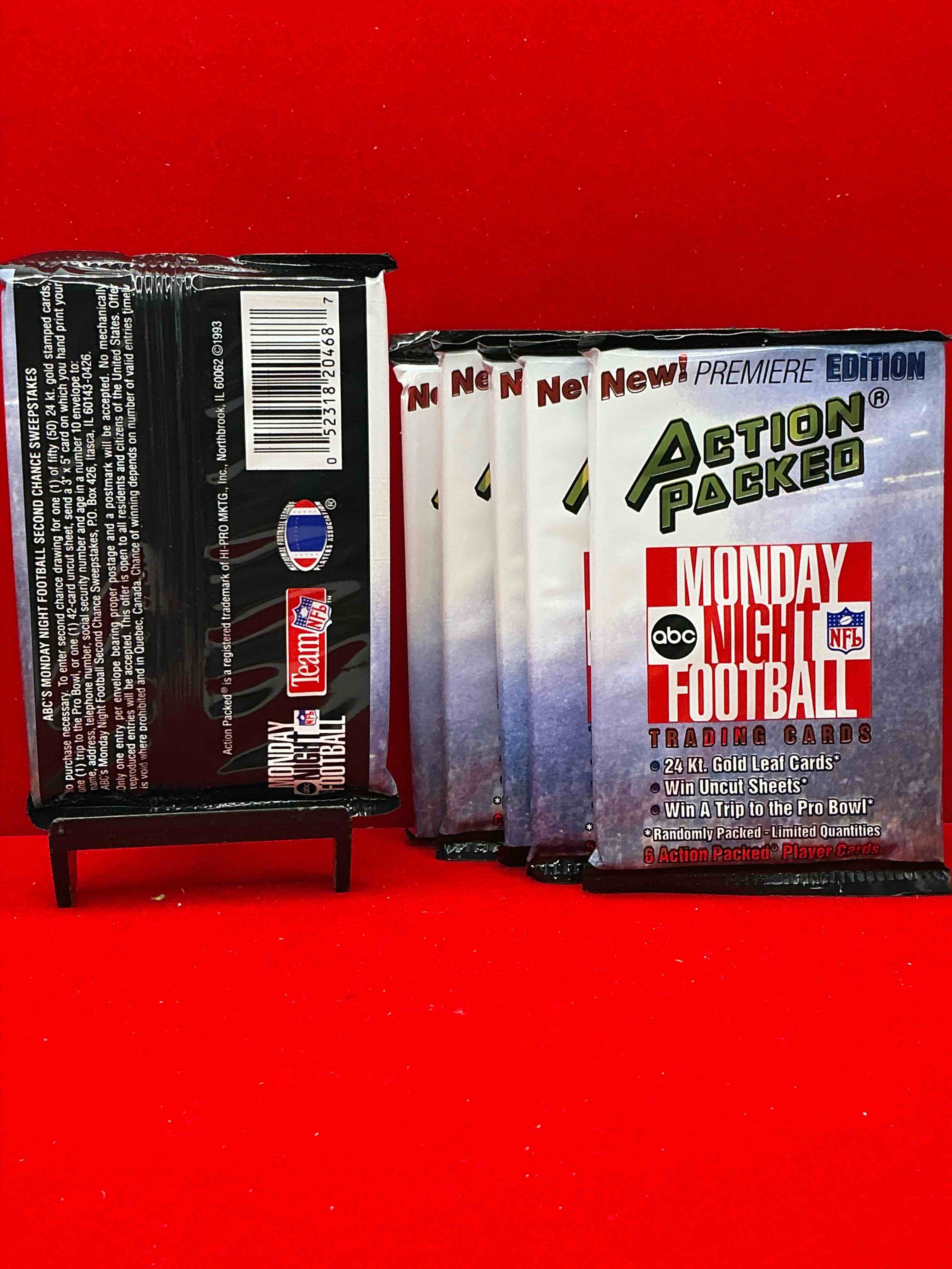 Condition photo showing New/Like New for monday night football! rare edition! 1993 nfl action packed! guaranteed star card inside! possible 24k gold leaf cards! awesome nfl packs! search for stars, michael irvin, jerry rice, joe montana, bo jackson, barry sanders & more!
