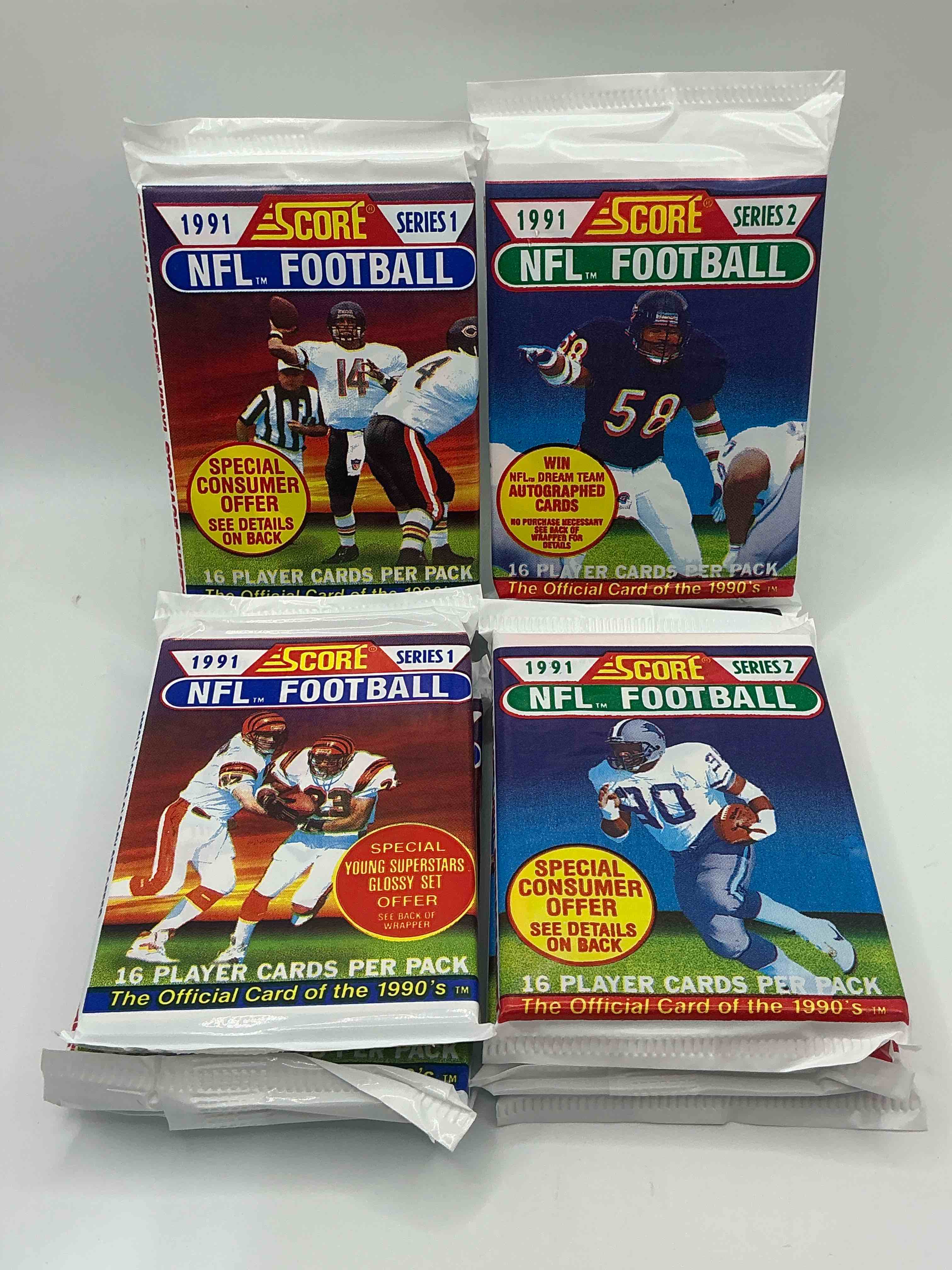Condition photo showing New/Like New for 1991 nfl score football sealed card packs series i & ii direct from original retail case! these cards are sought after by collectors for their awesome, nostalgic look. search for brett favre rookie, early jerry rice, early emmit smith, joe montana & so much more!