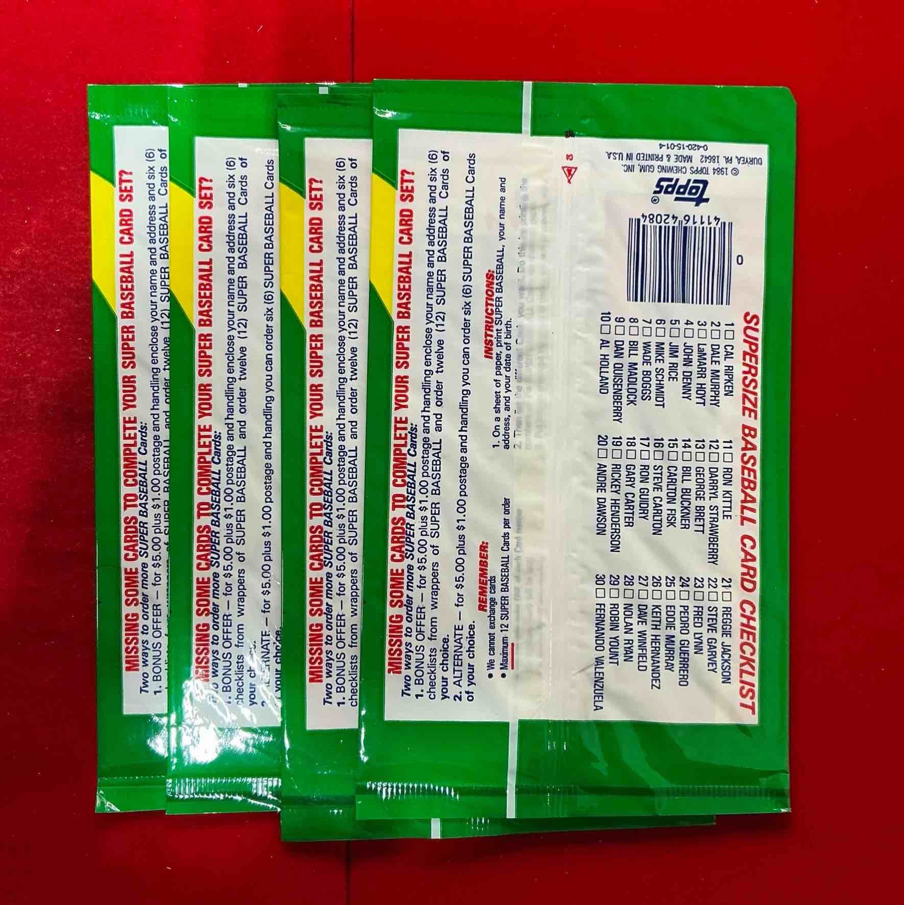 Condition photo showing New/Like New for topps super baseball 1984 baseball cards! 1984 baseball cards are super rare & cool! 1 giant picture card per pack… which baseball legends can you pull!?