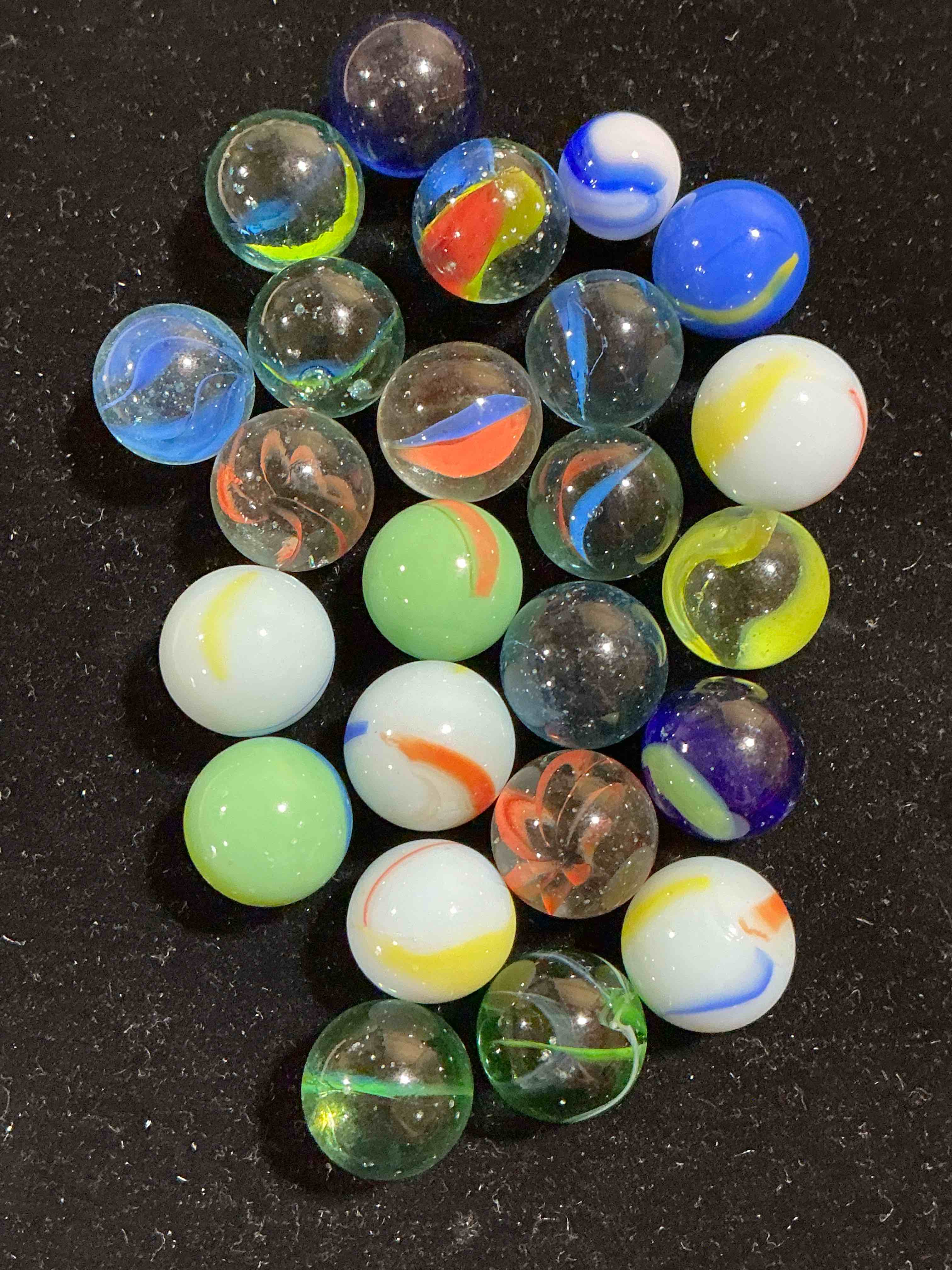 Condition photo showing Good Condition for antique glass marbles! genuine stunning marbles lot, some marbles made between the years 1925-1965 & some may be made with uranium! some may are great depression era & even earlier! gorgeous, authentic pieces of history!