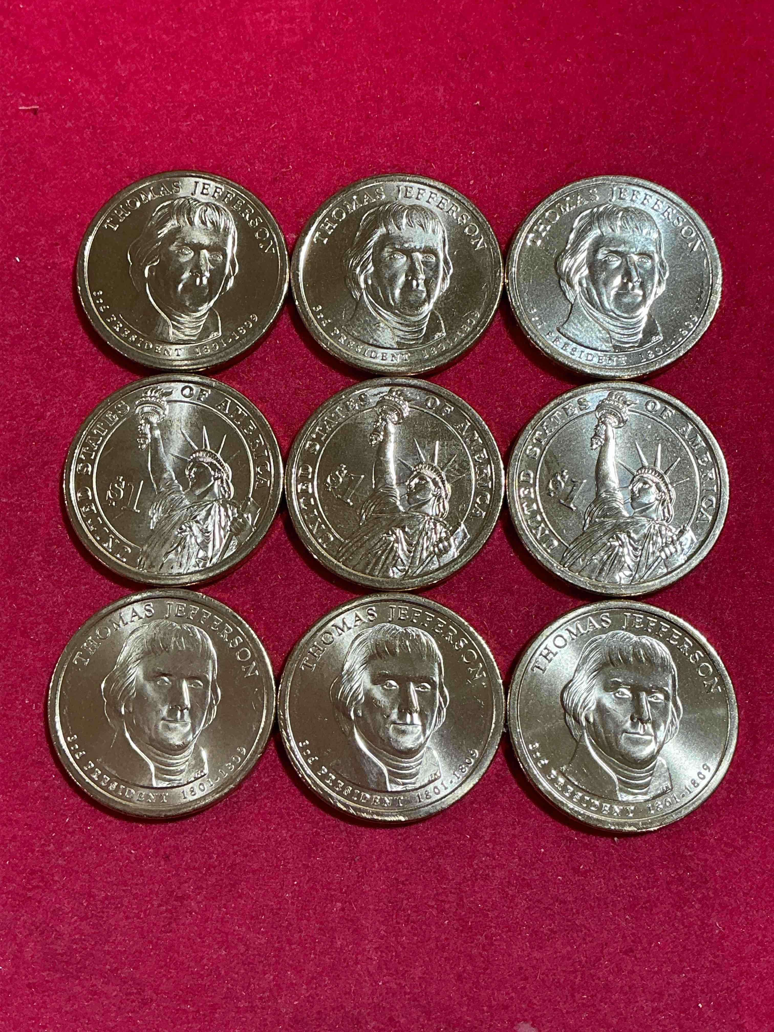 thomas jefferson 2007 one dollar coins! uncirculated coin! these coins are in mint condition, and some of the most collectible coins out there! rare, uncirculated, one dollar coins featuring thomas jefferson!