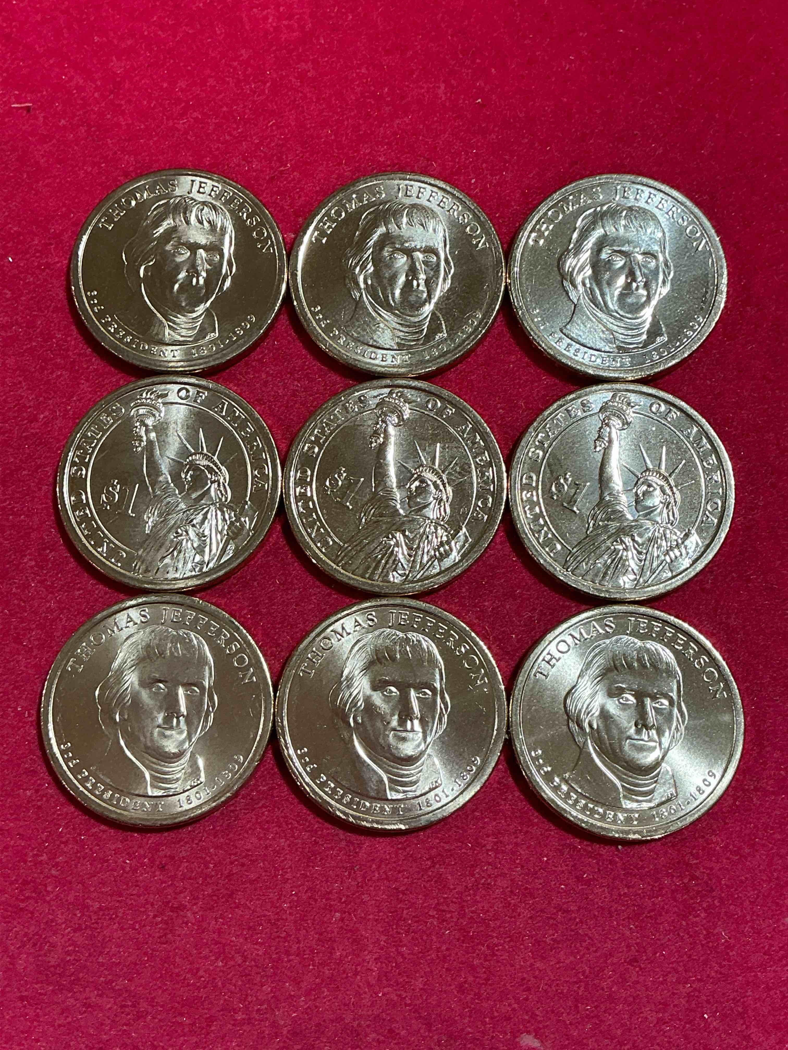 Condition photo showing New/Like New for thomas jefferson 2007 one dollar coins! uncirculated coin! these coins are in mint condition, and some of the most collectible coins out there! rare, uncirculated, one dollar coins featuring thomas jefferson!