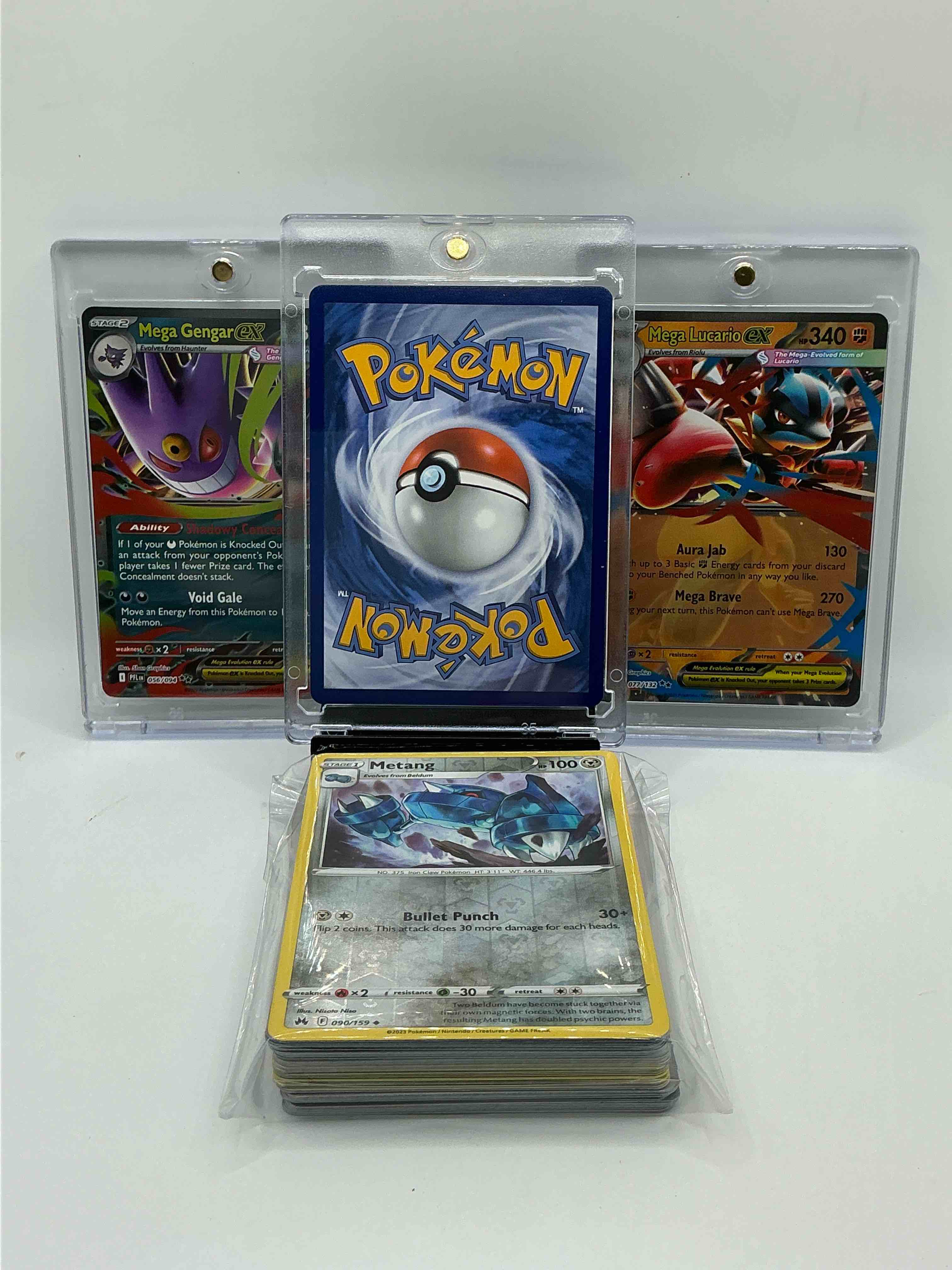 Condition photo showing New/Like New for pokémon wow! mega charizard ex! mega gengar ex! lucario ex! along with 50 other pokémon heroes, holos, legends & commons- including holographic cards, stage 1 cards, holos & more! also includes 36 non holo common/ uncommon basic & first stage cards trainers & energy too! perfect set for collectors & enthusiasts!