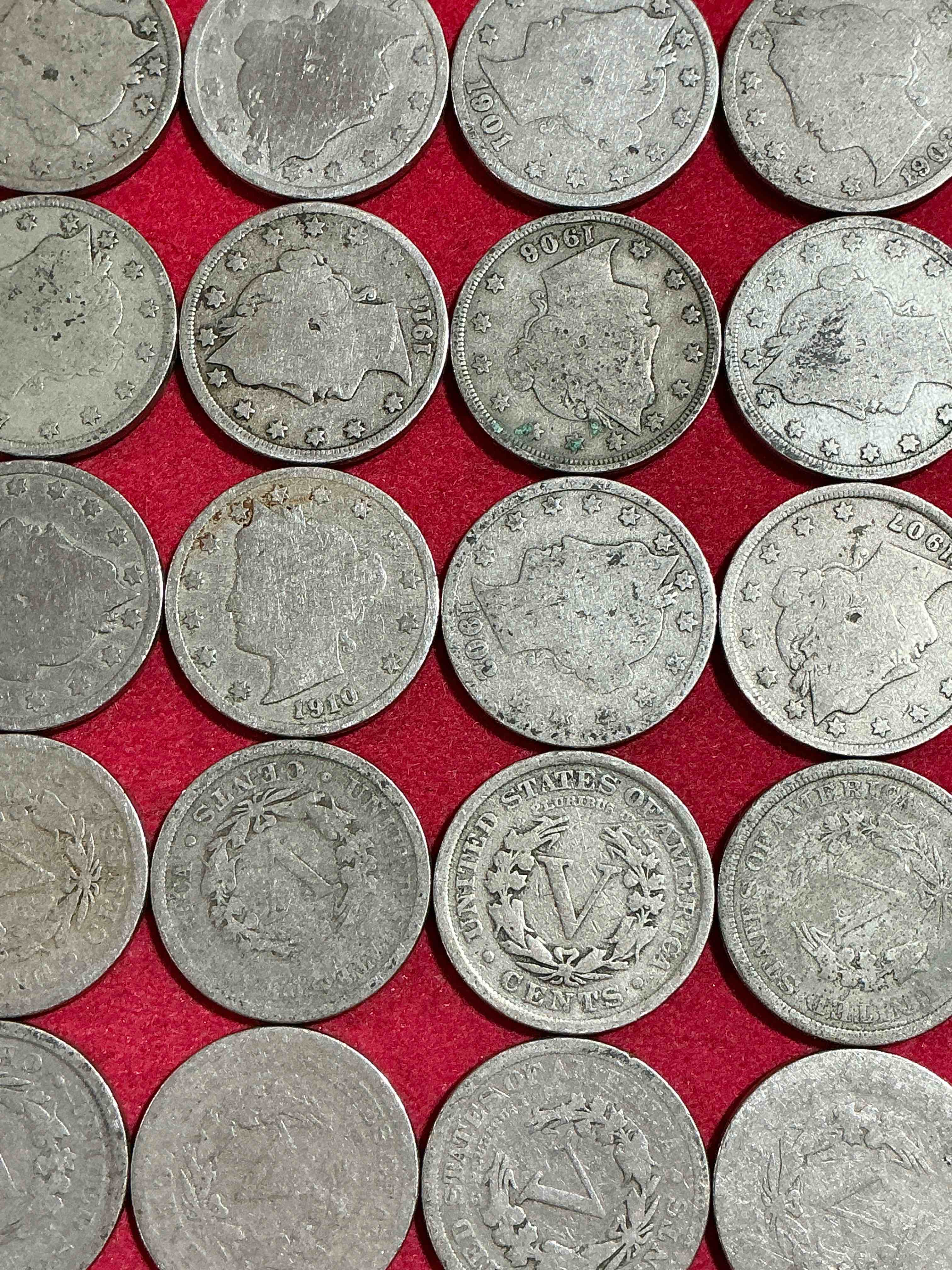 Condition photo showing Good Condition for antique u.s. v nickels! think of the history these coins have seen!, liberty head v nickels were minted up until 1913 & were the style of nickels before buffalo nickels. own some cool pieces of history! rare to see these coins with the "date on" in circulated condition!