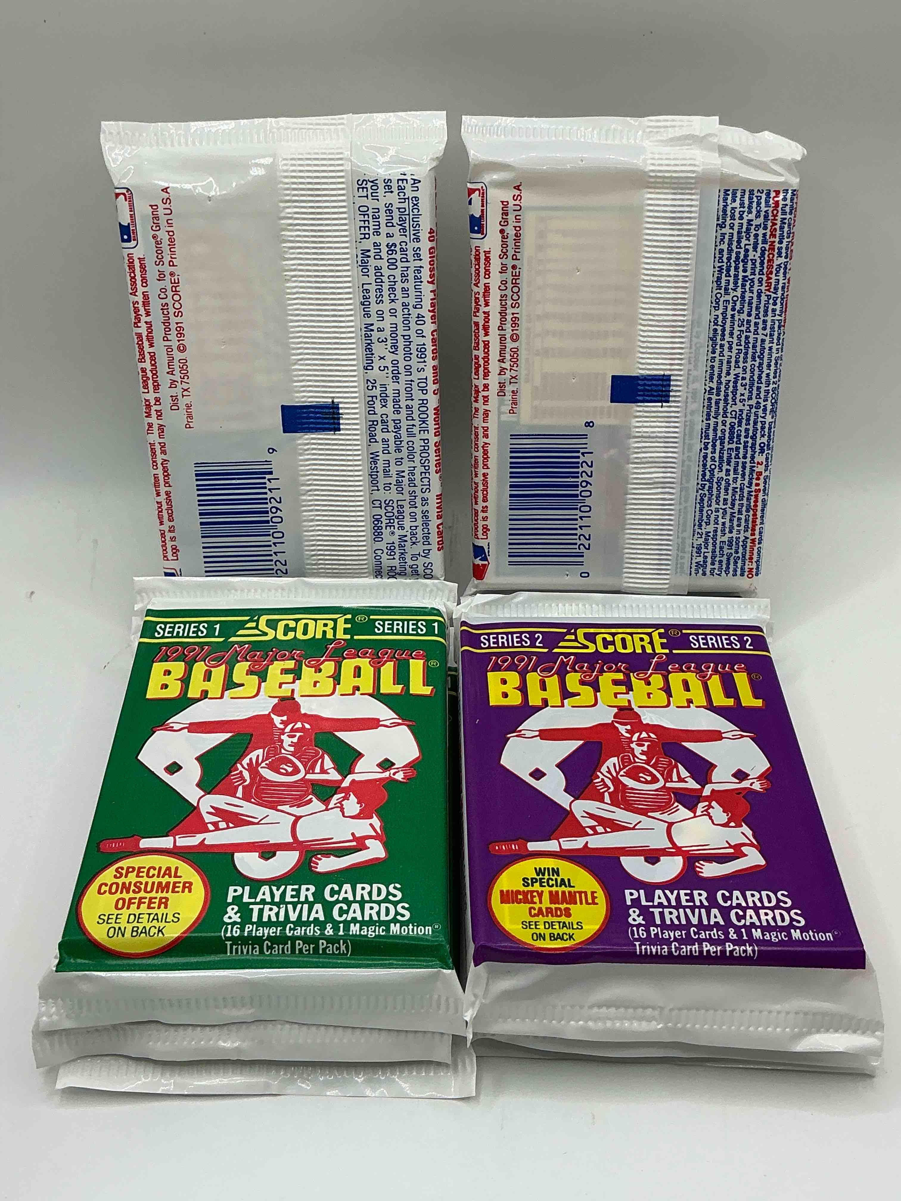 Condition photo showing New/Like New for signed mickey mantle? 1991 score baseball unopened packs series i &ii! search for bo jackson "bo breaker" card (psa 10 value $200), ken griffey dream team card #892 & so much more in series i & 2,493 signed mickey mantle cards from this year out there, fetching big money if pulled in series ii! wow!
