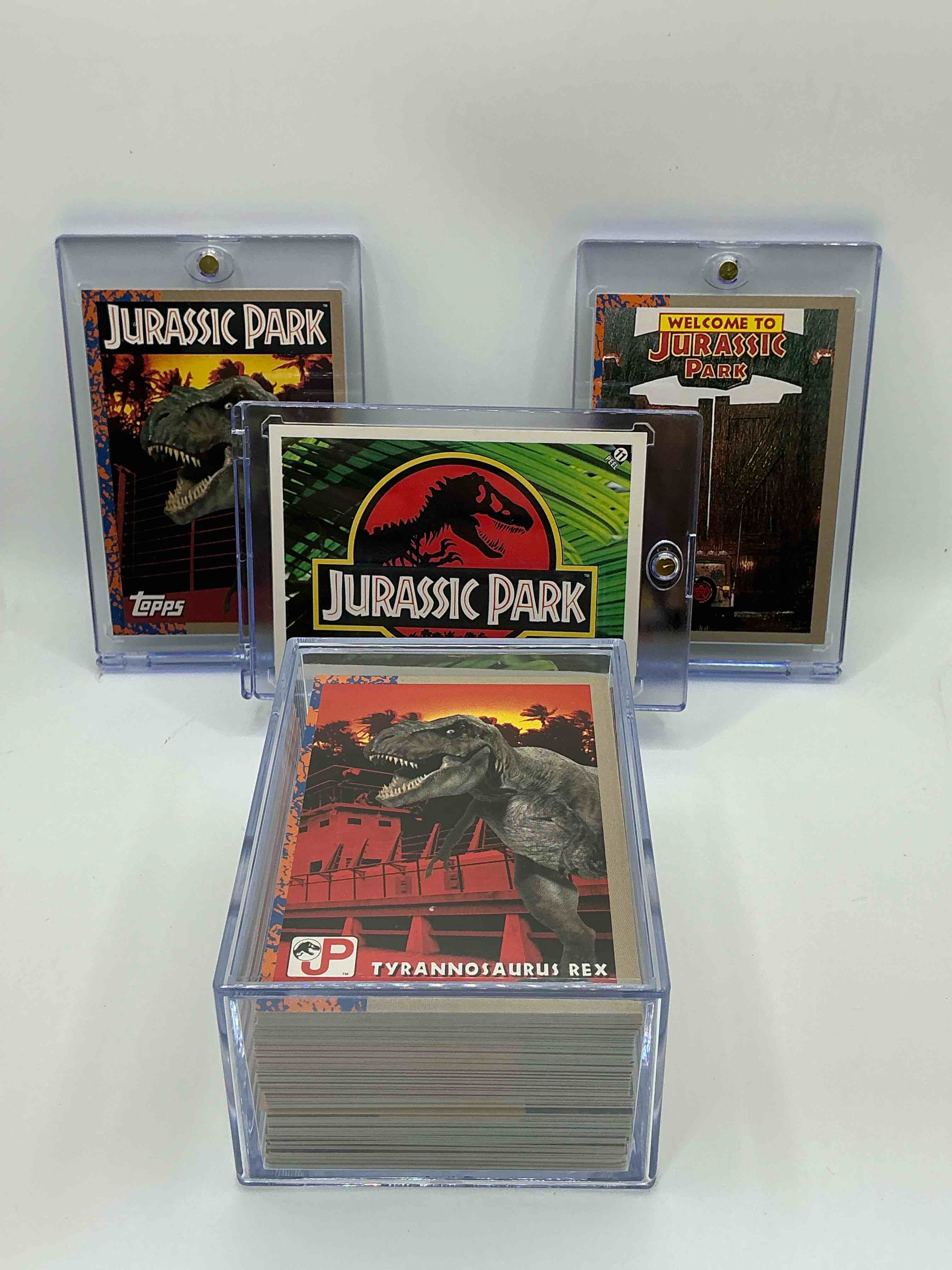 1993 dinosaur history! complete, authentic, original jurassic park movie card & sticker set, excellent condition! own a piece of spielberg’s masterpiece! a serious pop culture collector item & very rare & hard to find with all 88 cards & 11 stickers!