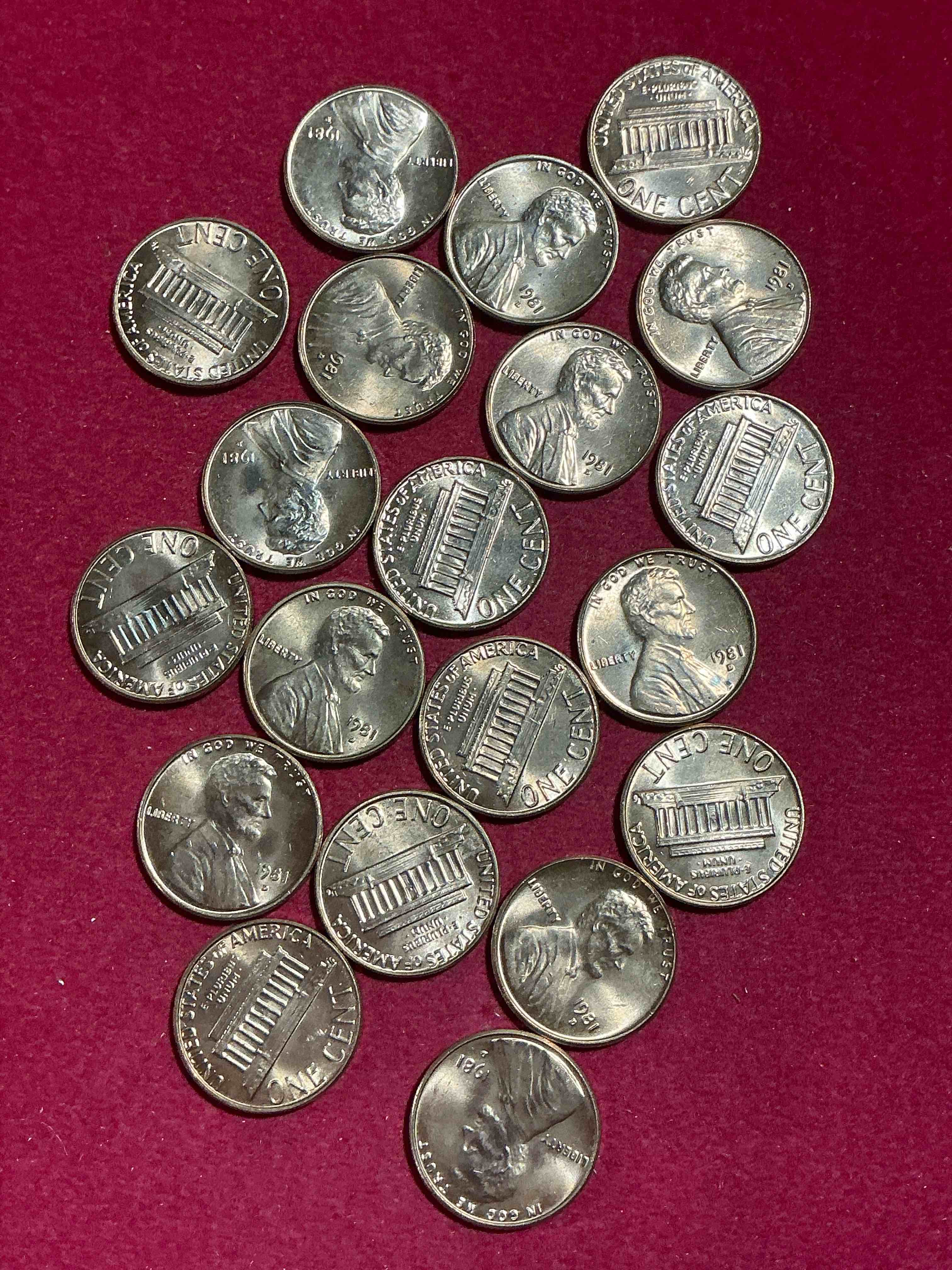 Condition photo showing Good Condition for 1981 uncirculated pennies! a historical year in american history, dawn of the space shuttle! ronald regan inaugurated, launch of mtv! these pennies are a great way to grab a piece of american history!