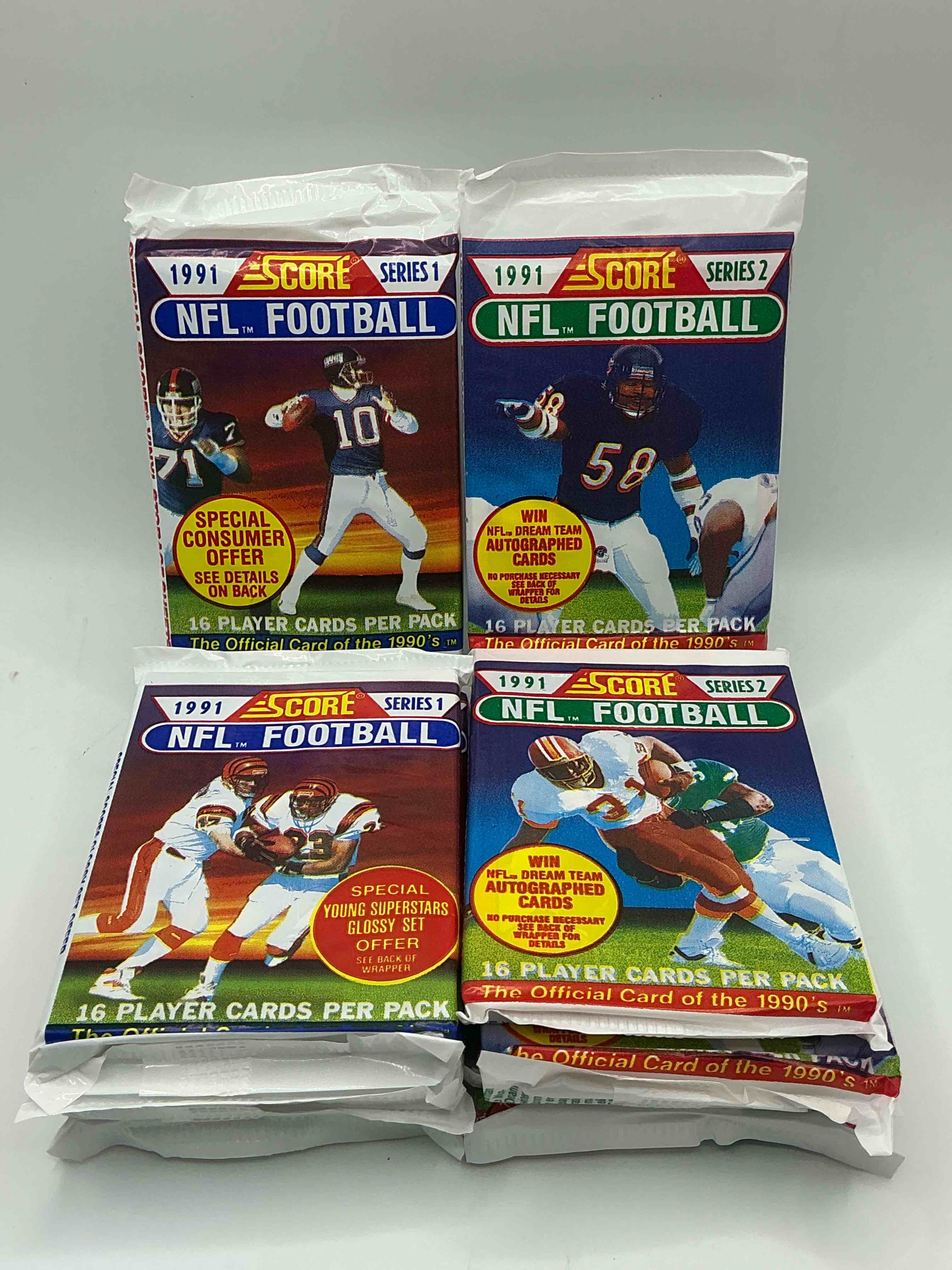 Condition photo showing New/Like New for 1991 nfl score football sealed card packs series i & ii direct from original retail case! these cards are sought after by collectors for their awesome, nostalgic look. search for brett favre rookie, early jerry rice, early emmit smith, joe montana & so much more!