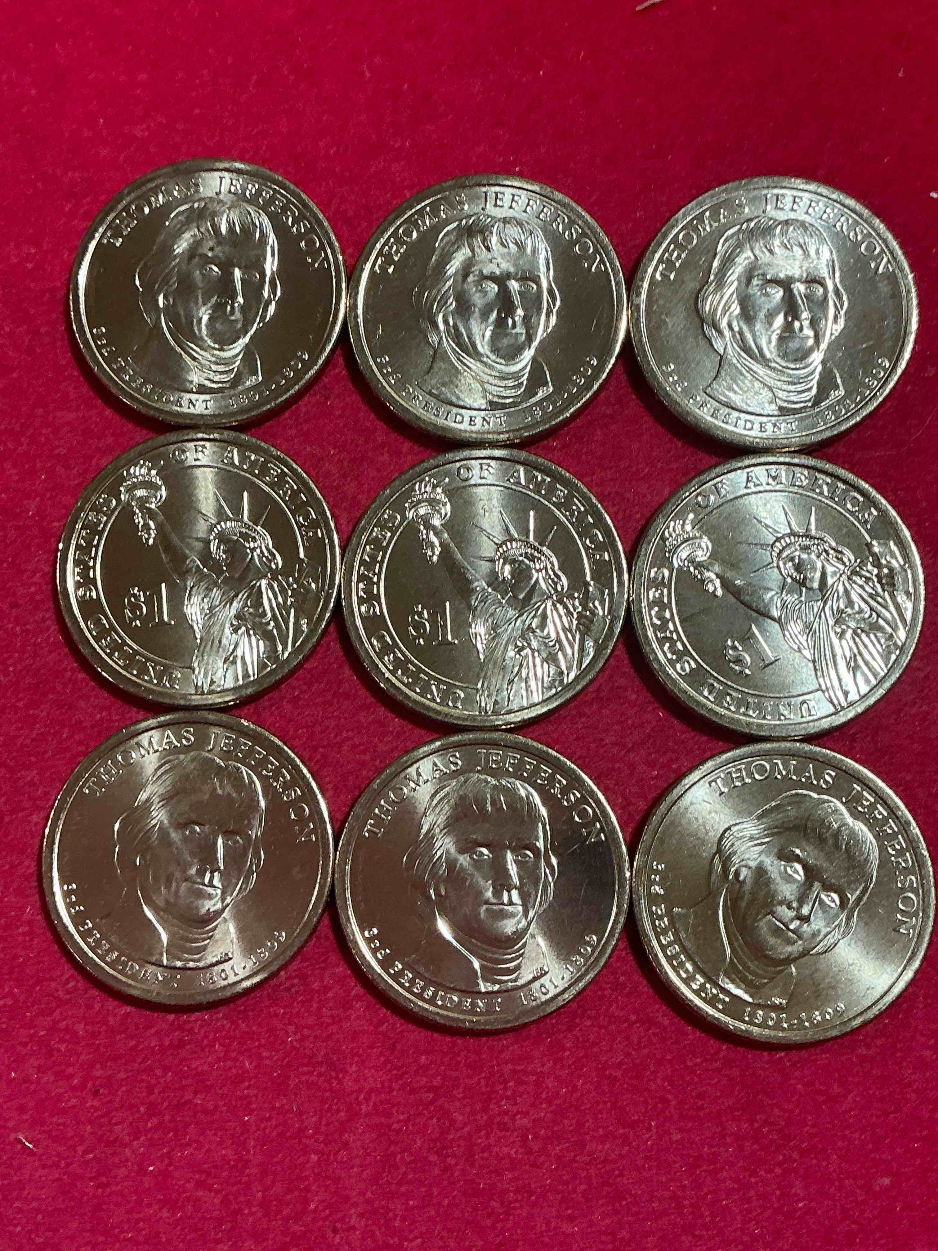 thomas jefferson 2007 one dollar coins! uncirculated coin! these coins are in mint condition, and some of the most collectible coins out there! rare, uncirculated, one dollar coins featuring thomas jefferson!