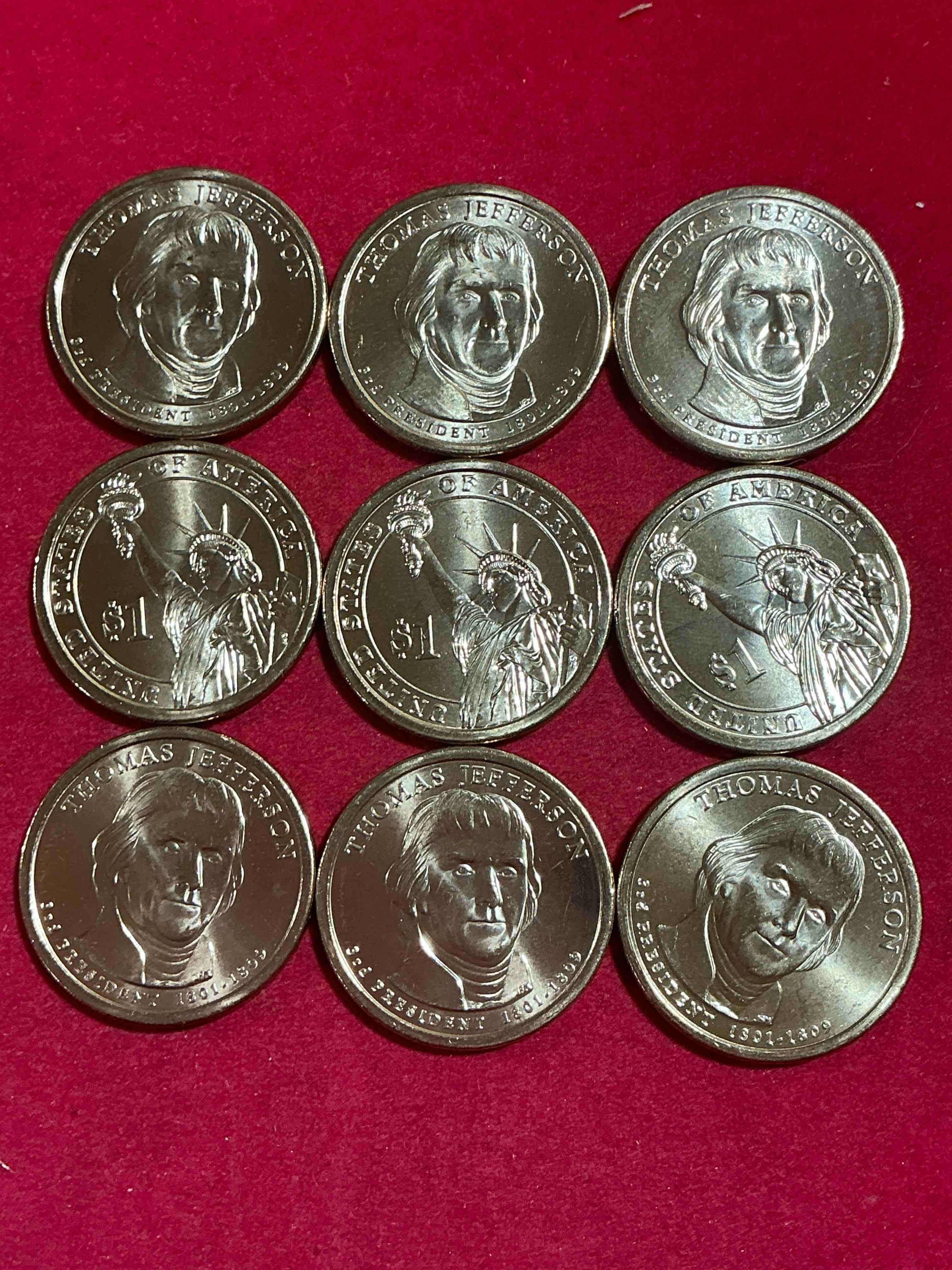 Condition photo showing New/Like New for thomas jefferson 2007 one dollar coins! uncirculated coin! these coins are in mint condition, and some of the most collectible coins out there! rare, uncirculated, one dollar coins featuring thomas jefferson!