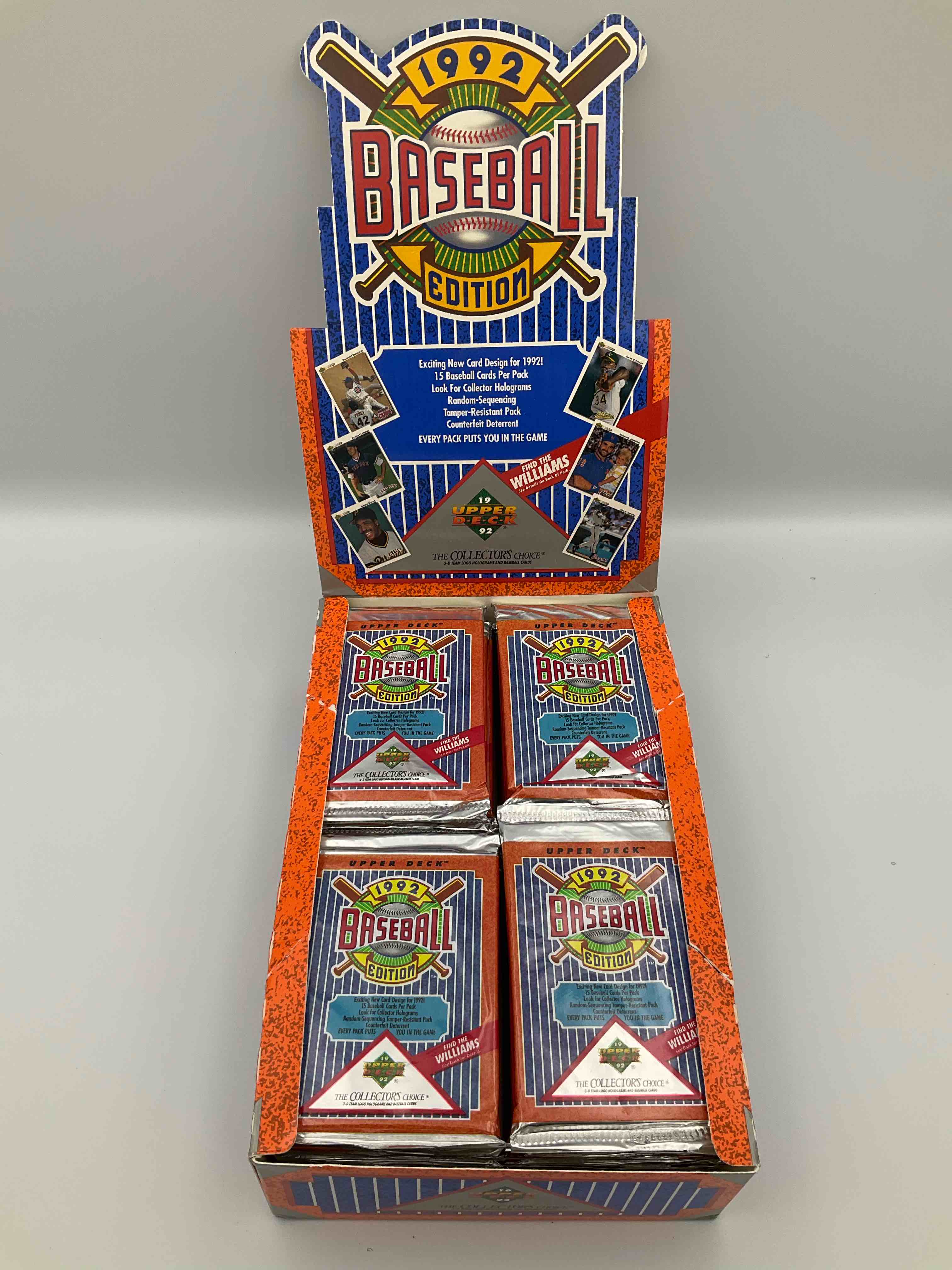 Condition photo showing New/Like New for 1992 upper deck baseball sealed sports & collectible card pack, direct from original sealed retail case! search for ultra rare & valuable ted williams & johnny bench signed insert cards as well as deion sanders, ken griffey jr., nolan ryan & so much more!