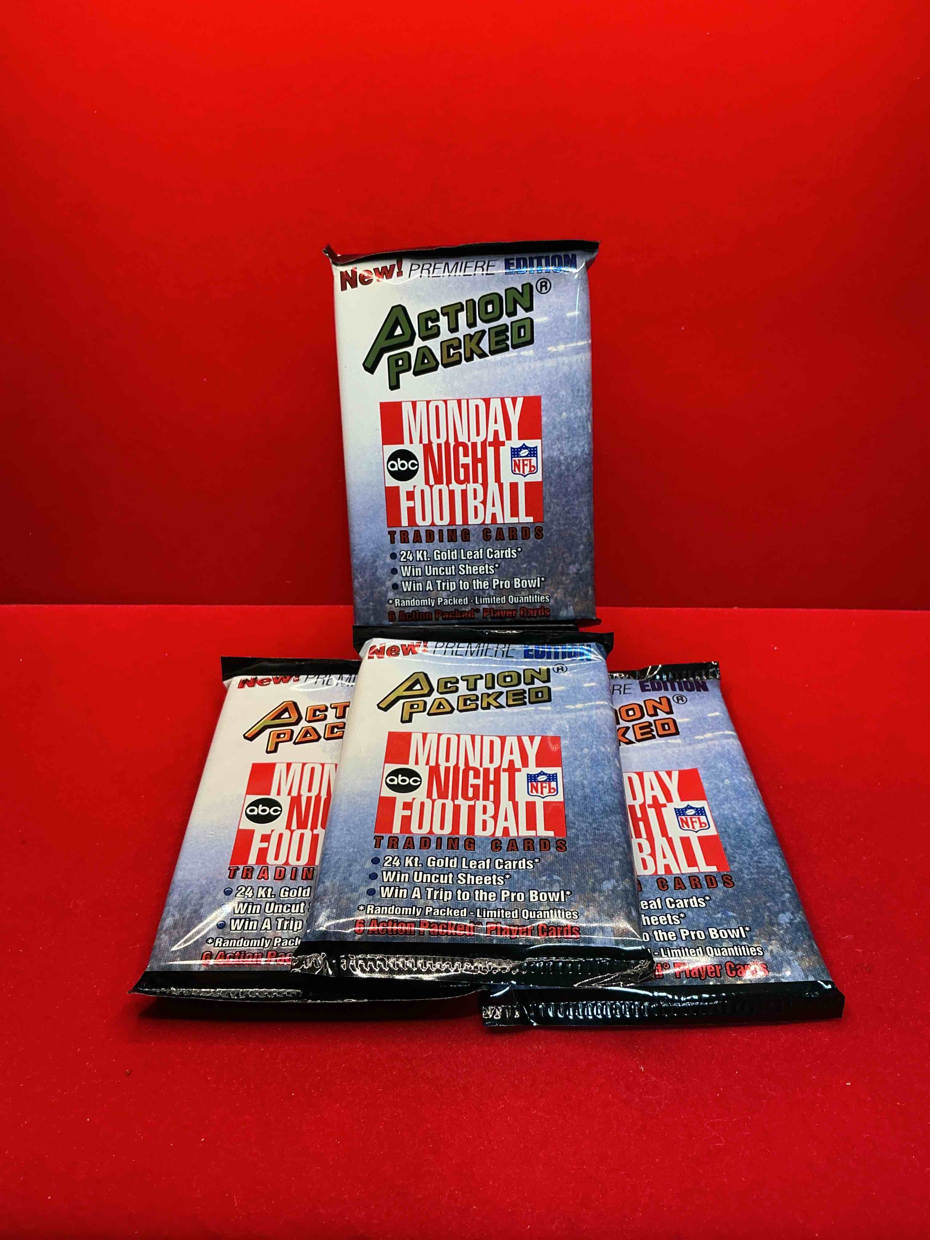 monday night football! rare edition! 1993 nfl action packed! guaranteed star card inside! possible 24k gold leaf cards! awesome nfl packs! search for stars, michael irvin, jerry rice, joe montana, bo jackson, barry sanders & more!