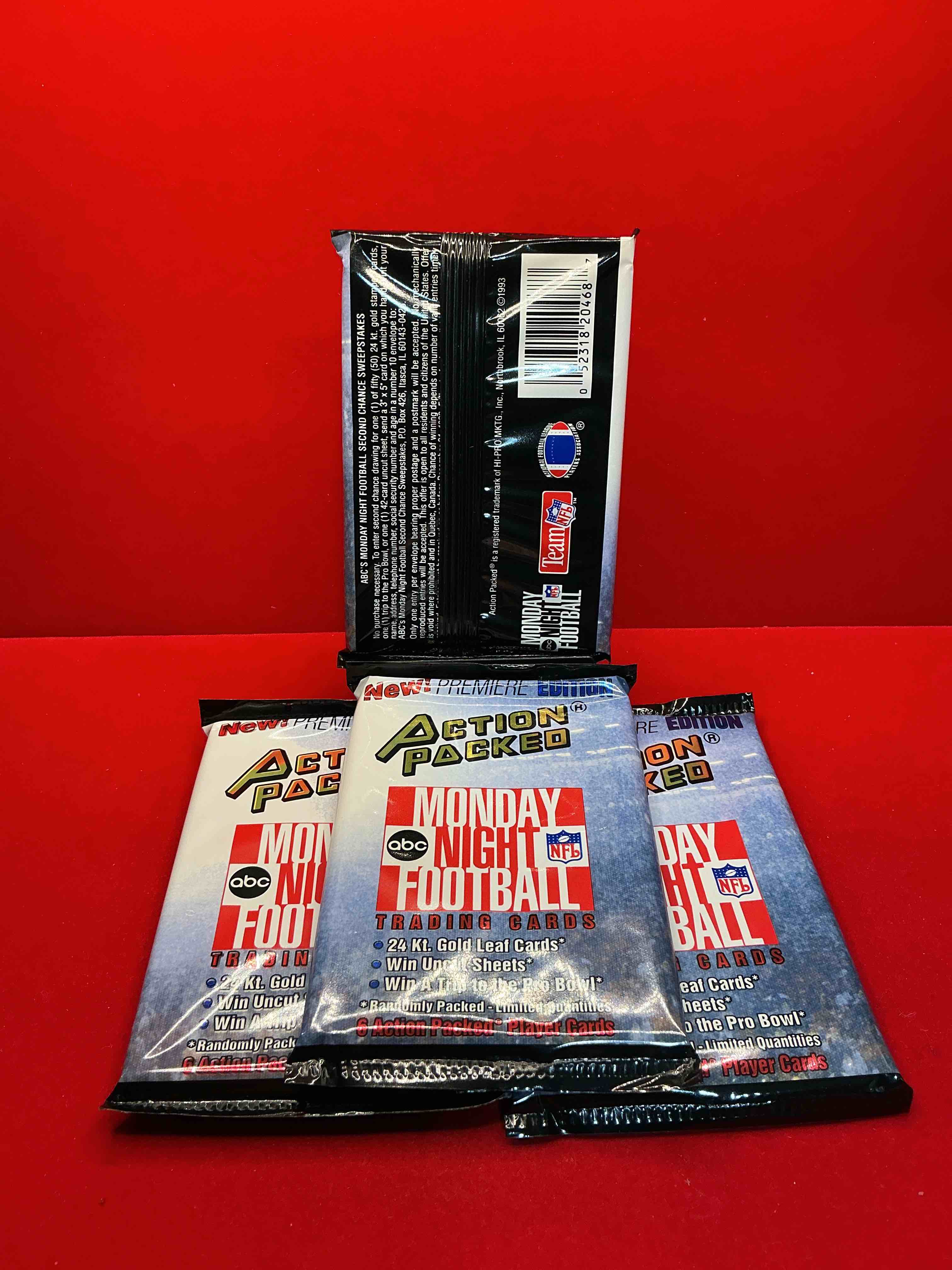 Condition photo showing New/Like New for monday night football! rare edition! 1993 nfl action packed! guaranteed star card inside! possible 24k gold leaf cards! awesome nfl packs! search for stars, michael irvin, jerry rice, joe montana, bo jackson, barry sanders & more!