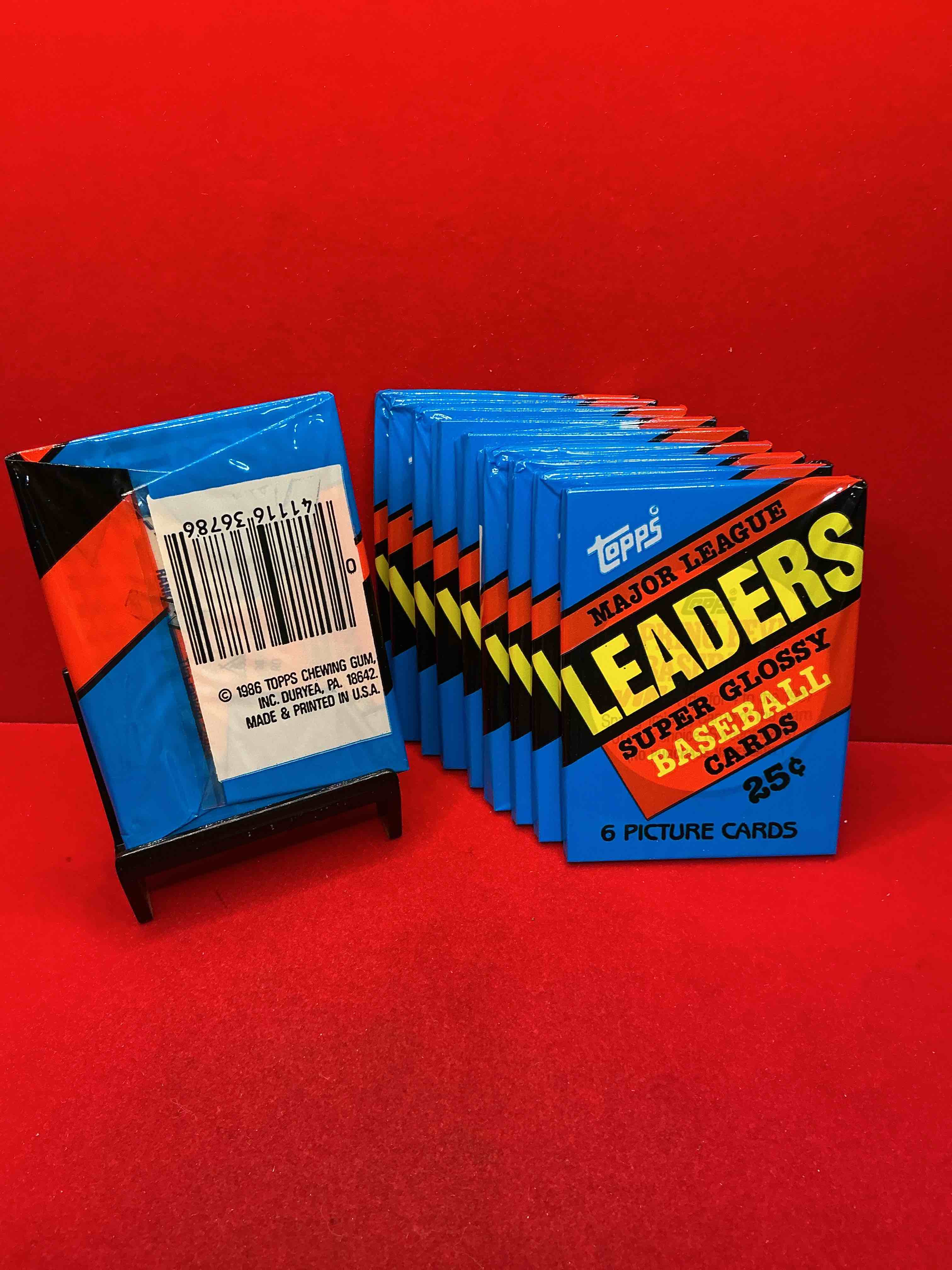 Condition photo showing New/Like New for ultra rare! 1986 "mlb leaders" unopened miniature baseball collectible card packs, 6 cards per pack, direct from original retail case. super rare, impossible to find! like new condition!