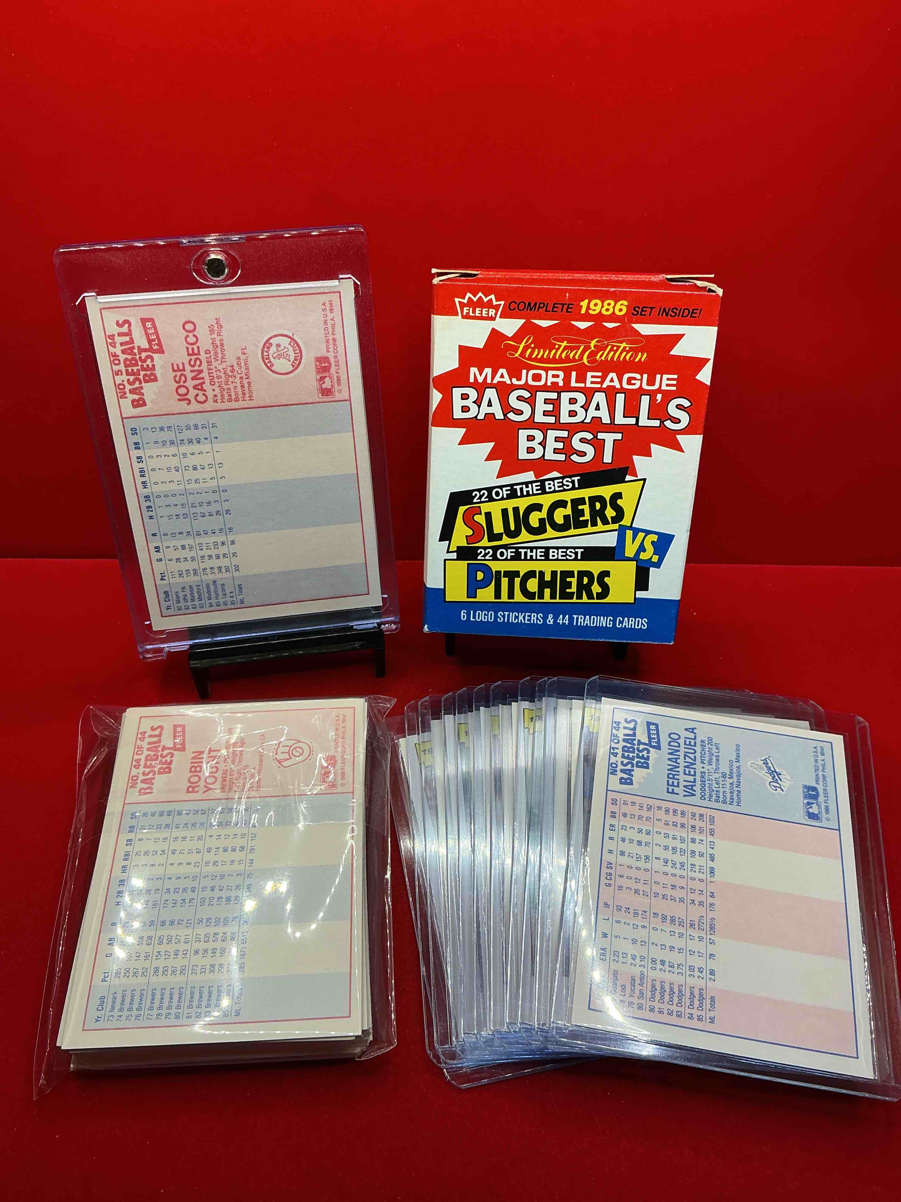Condition photo showing New/Like New for 1986 baseball’s best fleer baseball cards! jose canseco, roger clemens, darryl strawberry, pete rose, cal ripken jr & more! baseball’s best! 50 card lot, includes commons & legends alike! some of the best to ever do it!
