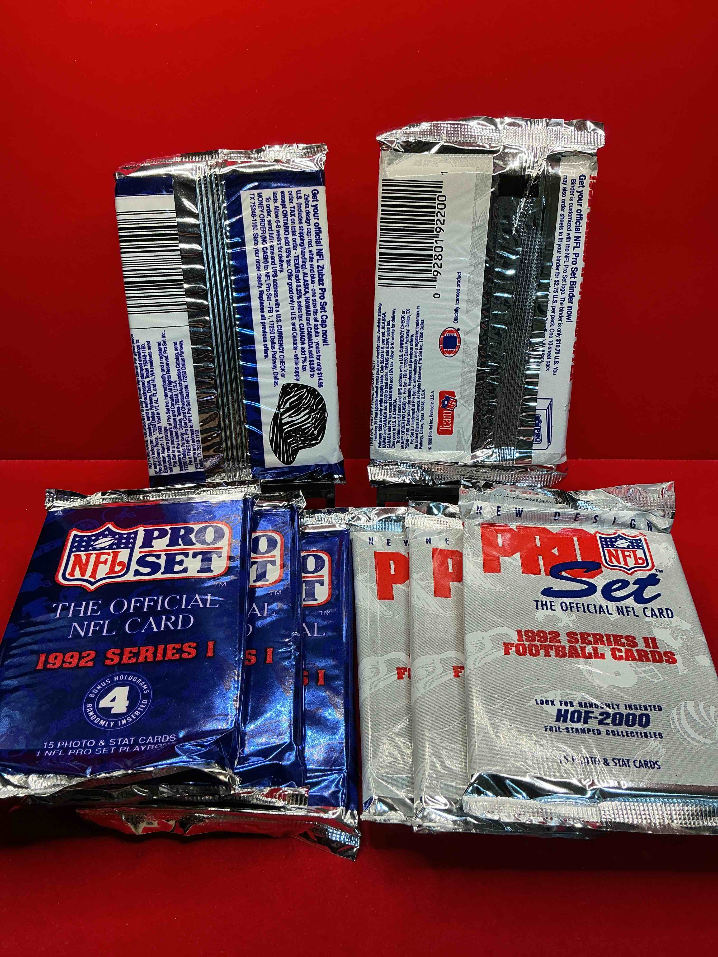Condition photo showing New/Like New for nfl pro set! wow! 1992 series i & ii football cards! possible rice, montana, elway, sanders, jackson & more! search for limited edition randomly inserted hof 2000 stamped collectibles!