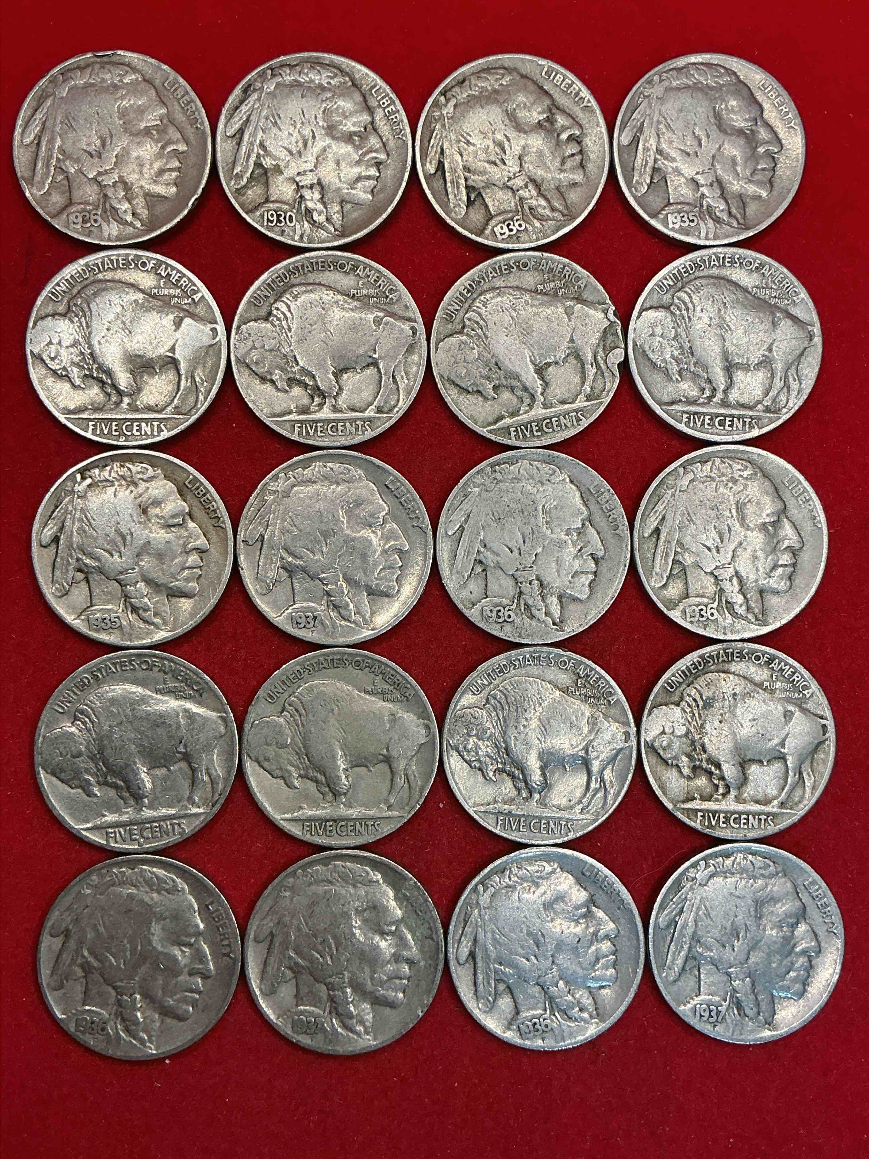 Condition photo showing Good Condition for historic buffalo nickels! indian head buffalo nickels were minted from 1913 to 1938 & have become a favorite for coin collectors around the world! own pieces of american history with these cool indian head buffalo nickels in circulated condition, some with visible dates is very rare for buffalo nickels!