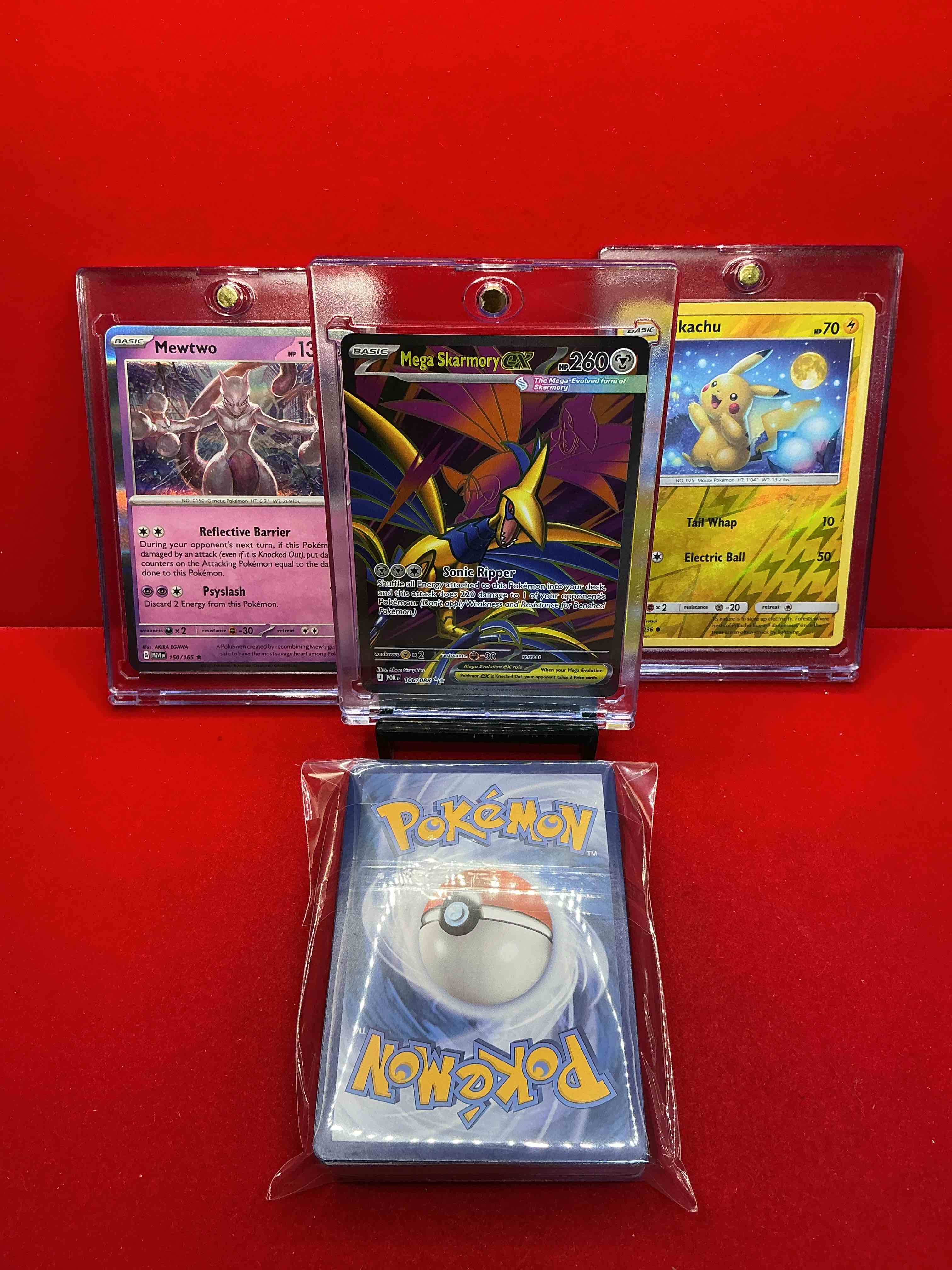 Condition photo showing New/Like New for mega skarmory ex! pikachu! mewtwo! pokémon! along with 50 other pokémon heroes, holos, legends & commons- including holographic cards, cool holos & more! includes 36 non holo common/ uncommon basic & first stage cards & could even include trainers & energy too! perfect set for collectors & enthusiasts!