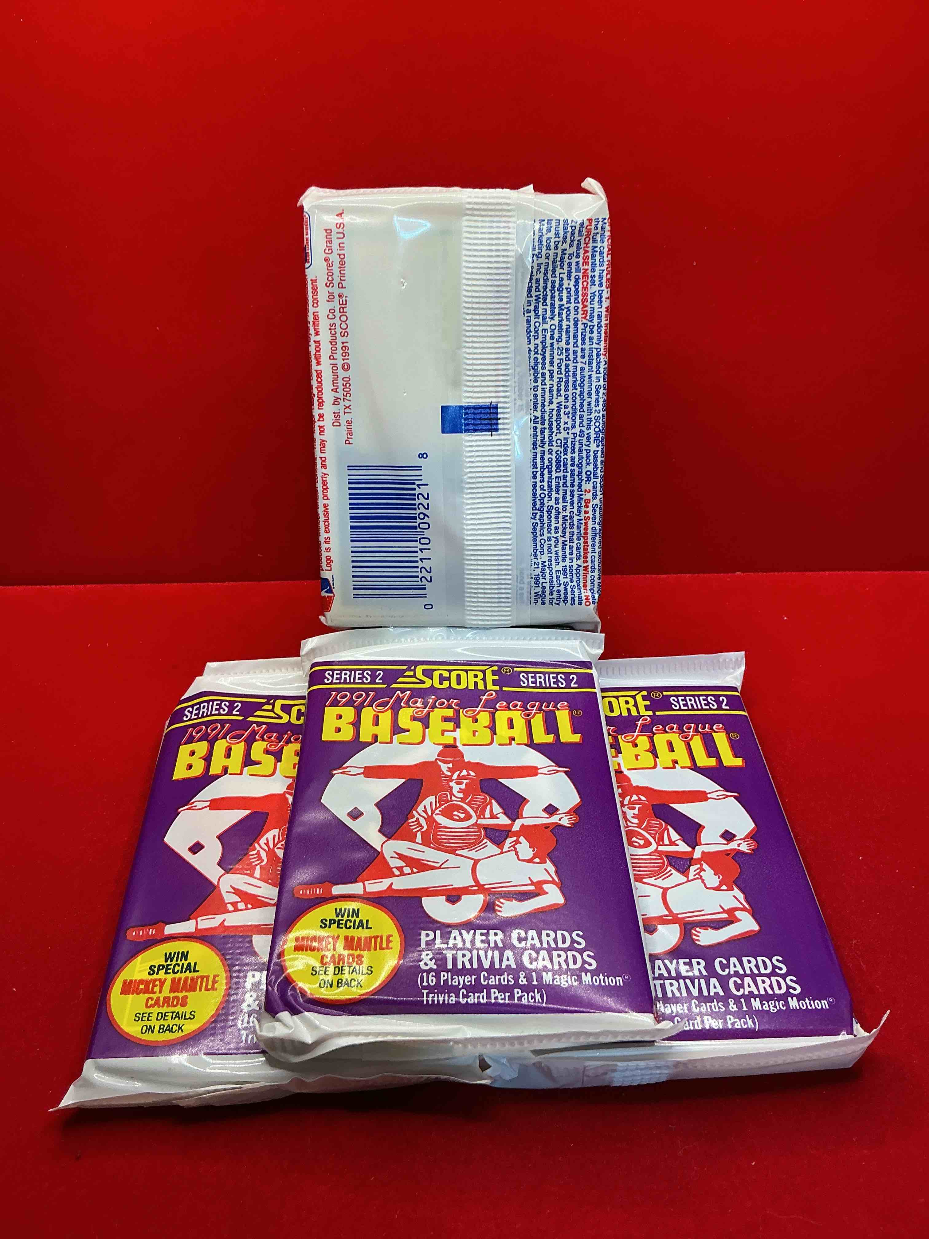 Condition photo showing New/Like New for 1991 score baseball sealed pack, direct from original retail case! search for bo jackson "bo breaker" card (psa 10 value $200), ken griffey dream team card #892 & so much more! cool & hard to find!