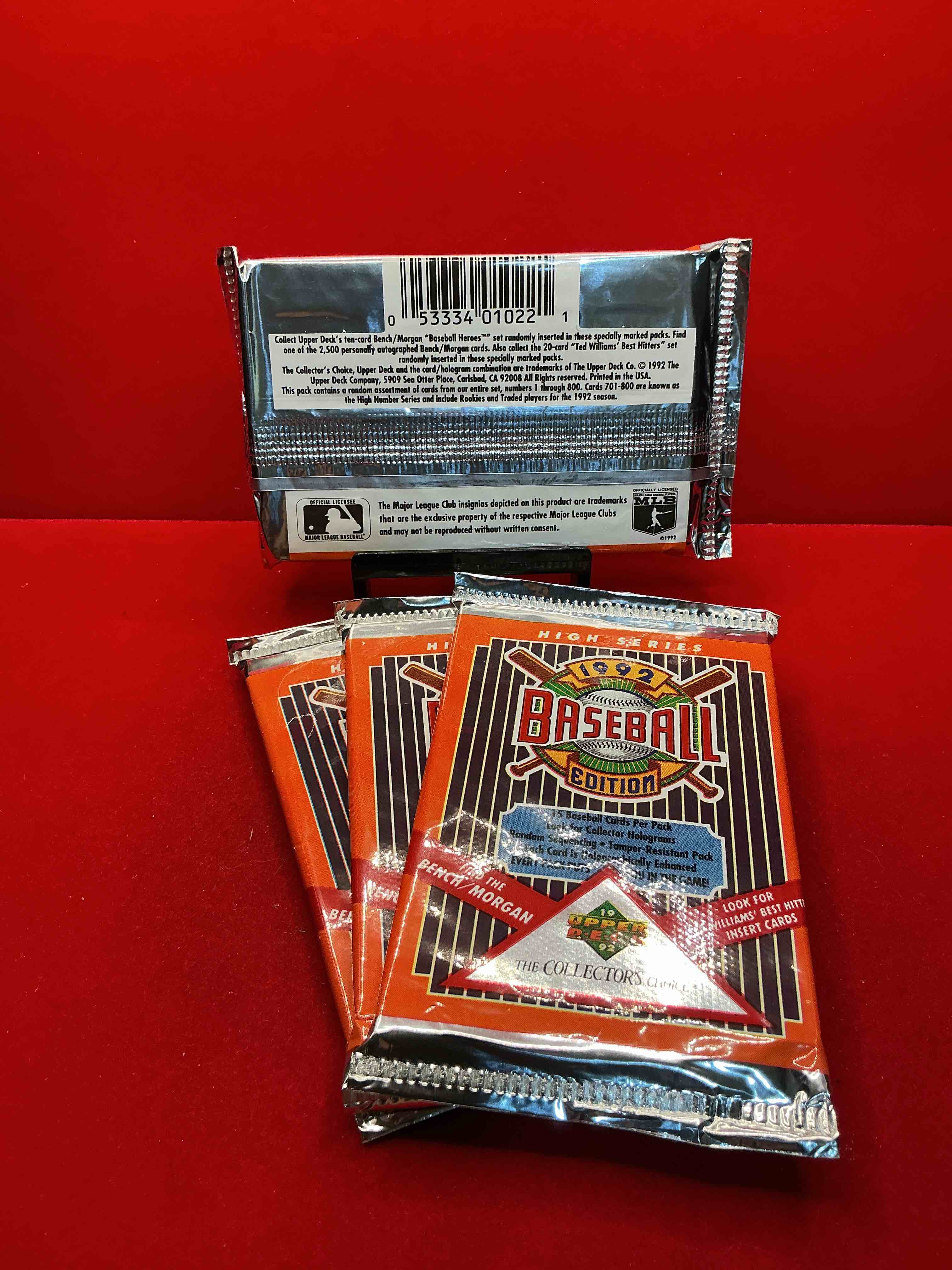 Condition photo showing New/Like New for 1992 upper deck baseball sealed sports & collectible card pack, direct from original sealed retail case! search for ultra rare & valuable ted williams & johnny bench signed insert cards as well as deion sanders, ken griffey jr., nolan ryan & so much more!