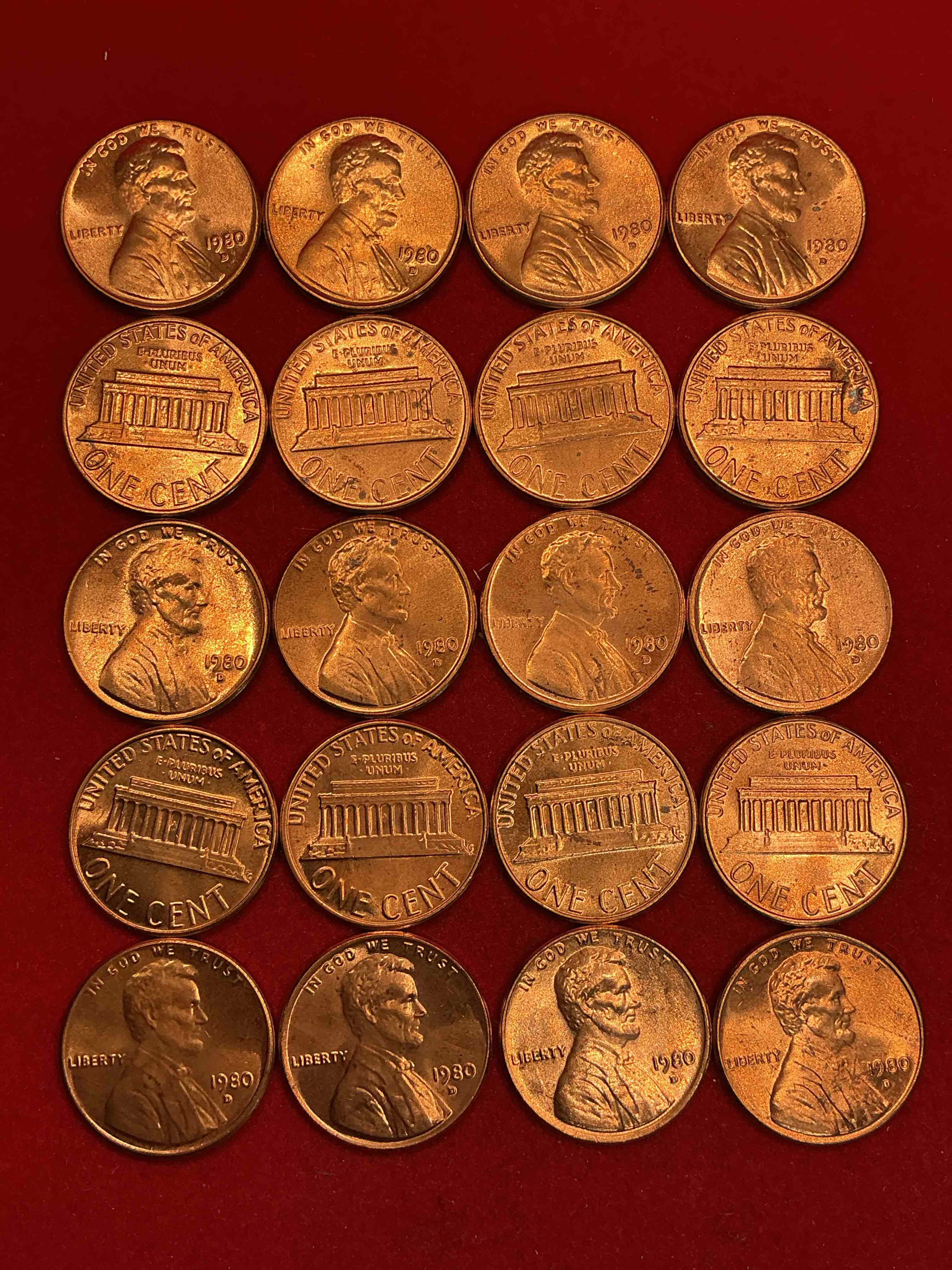 Condition photo showing New/Like New for 1980 uncirculated pennies! what a year in american history! miracle on ice! regan revolution! mount st.helens eruption! grab a piece of american history!