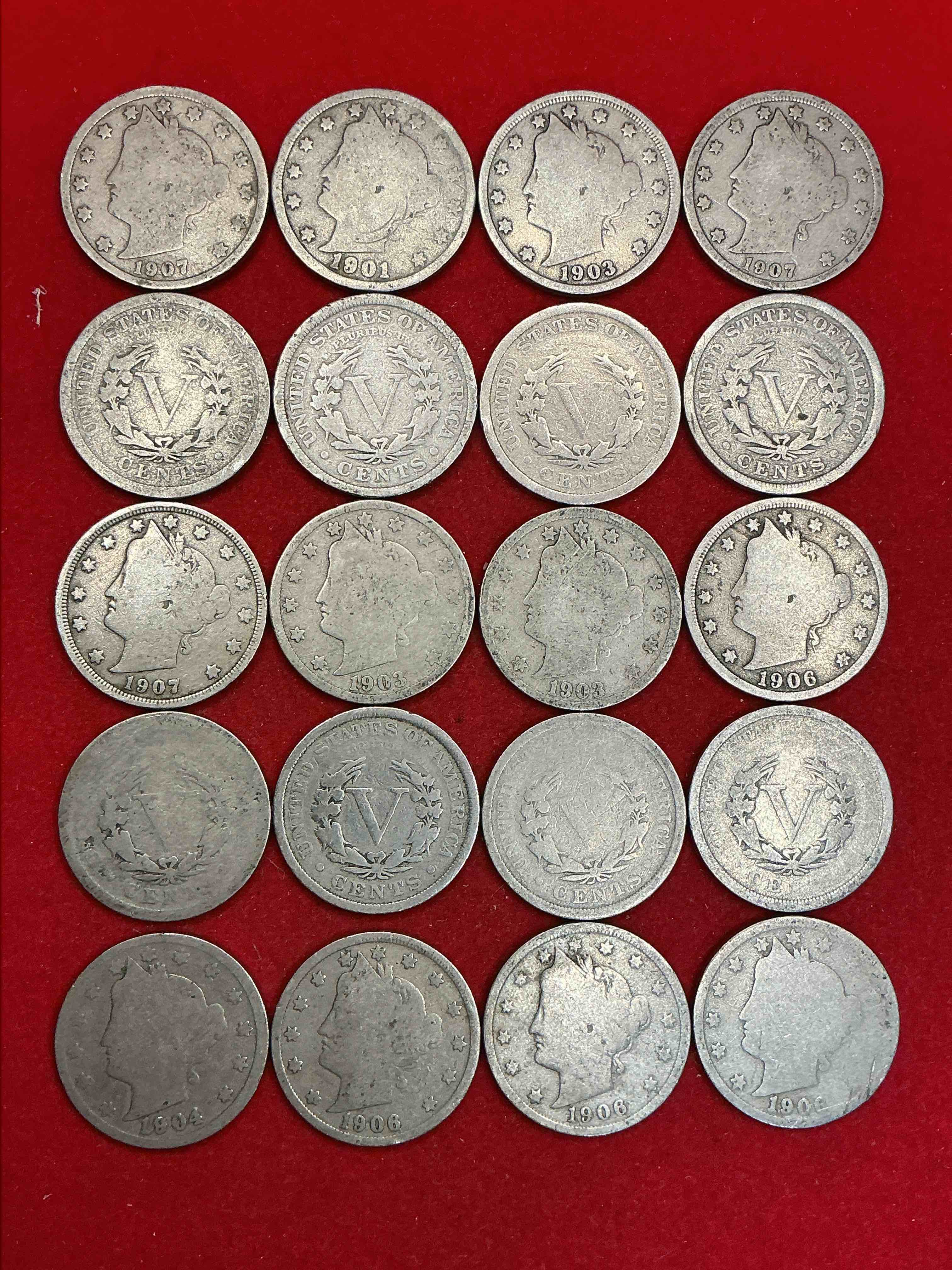 Condition photo showing Good Condition for antique u.s. v nickels! think of the history these coins have seen!, liberty head v nickels were minted up until 1913 & were the style of nickels before buffalo nickels. own some cool pieces of history! rare to see these coins with the "date on" in circulated condition!