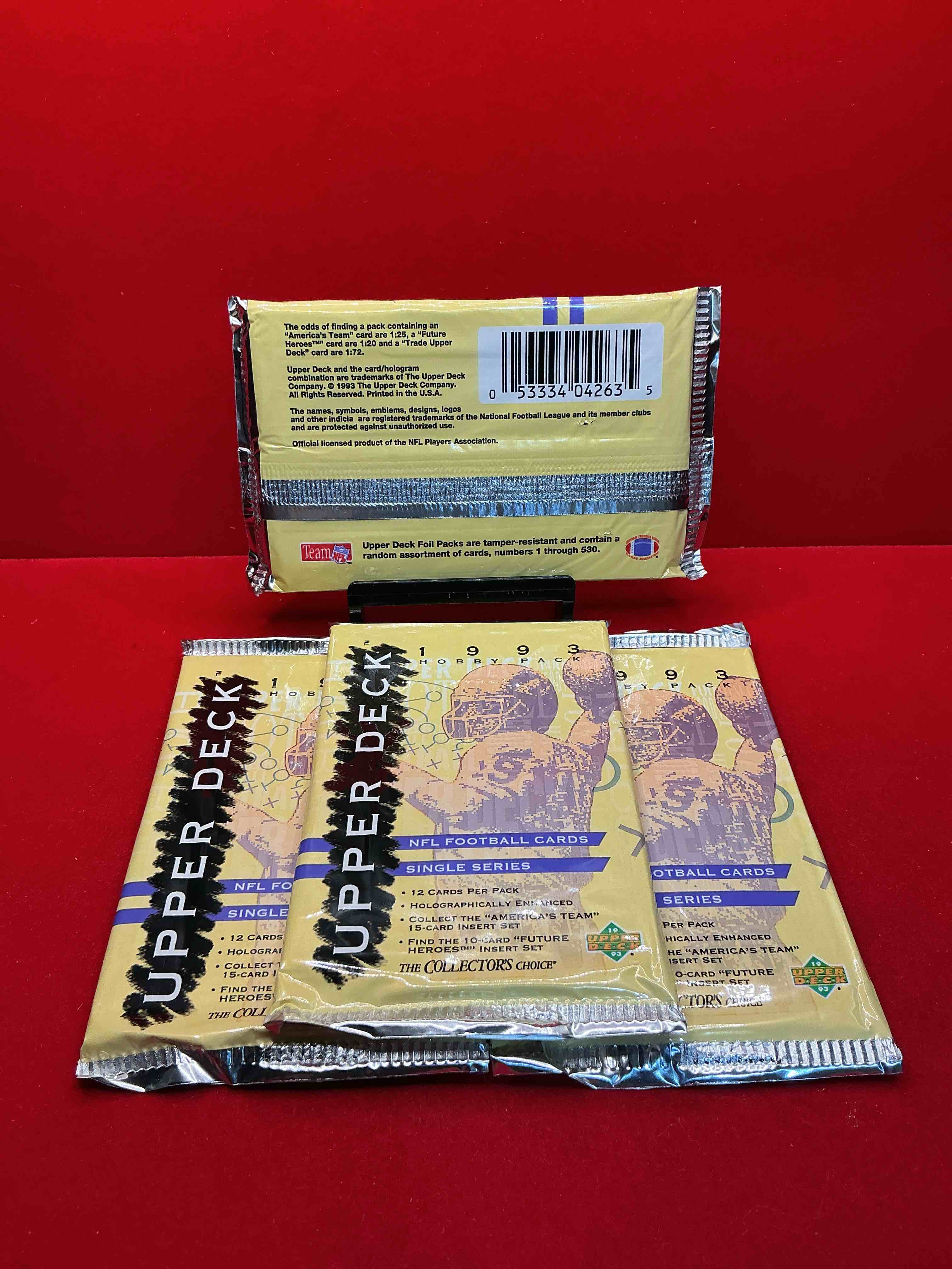 Condition photo showing New/Like New for 1993 upper deck football packs! single series! search for "americas team" 15 card insert set, 10 card "future heroes" insert set & more! legends & stars!