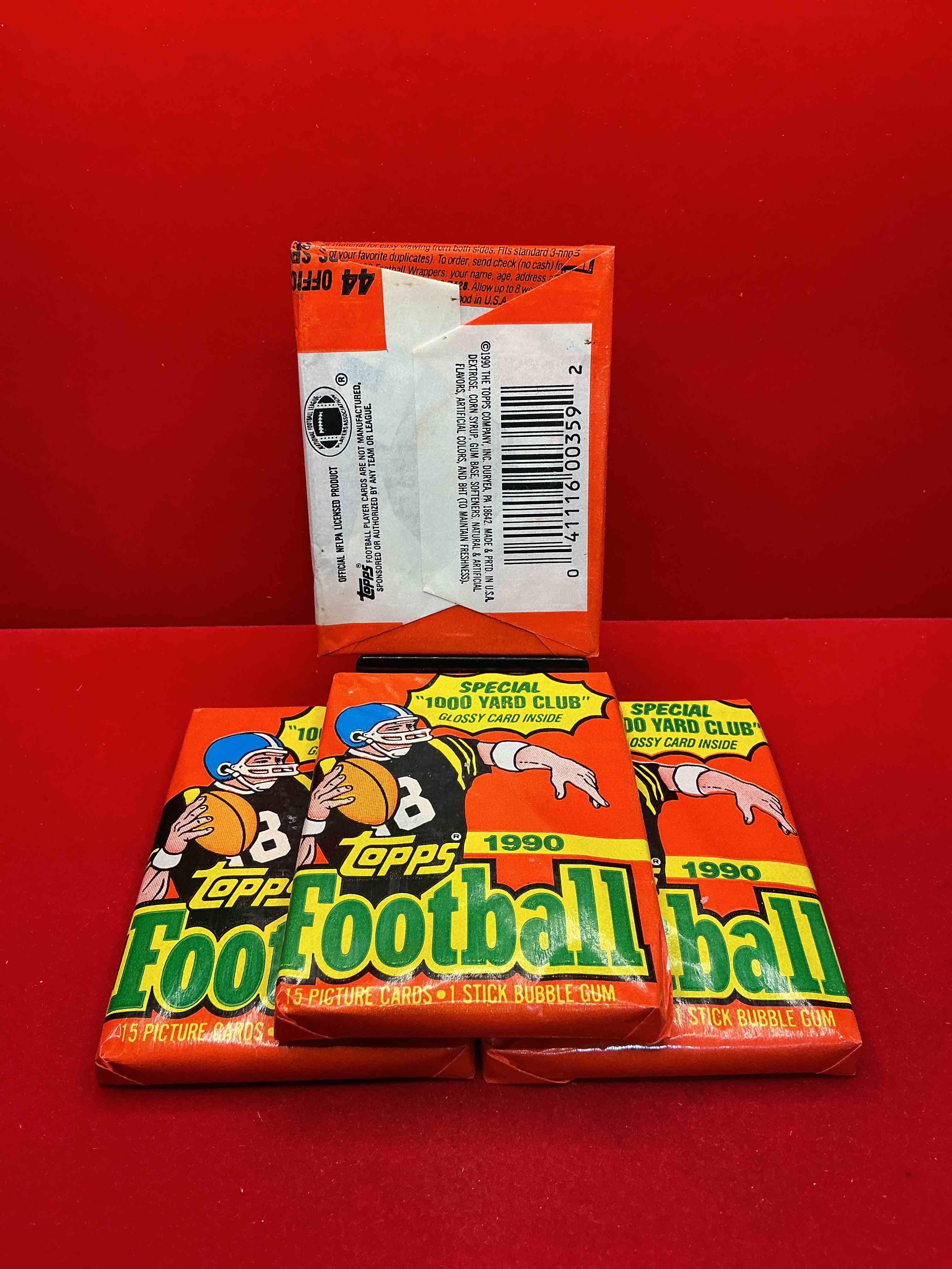 Condition photo showing New/Like New for the last year of football wax! joe montana, emmitt smith & barry sanders!? 1990 topps football unopened sports card wax pack, direct from original retail box! getting hard to find! search for early barry sanders & jerry rice & so much more!