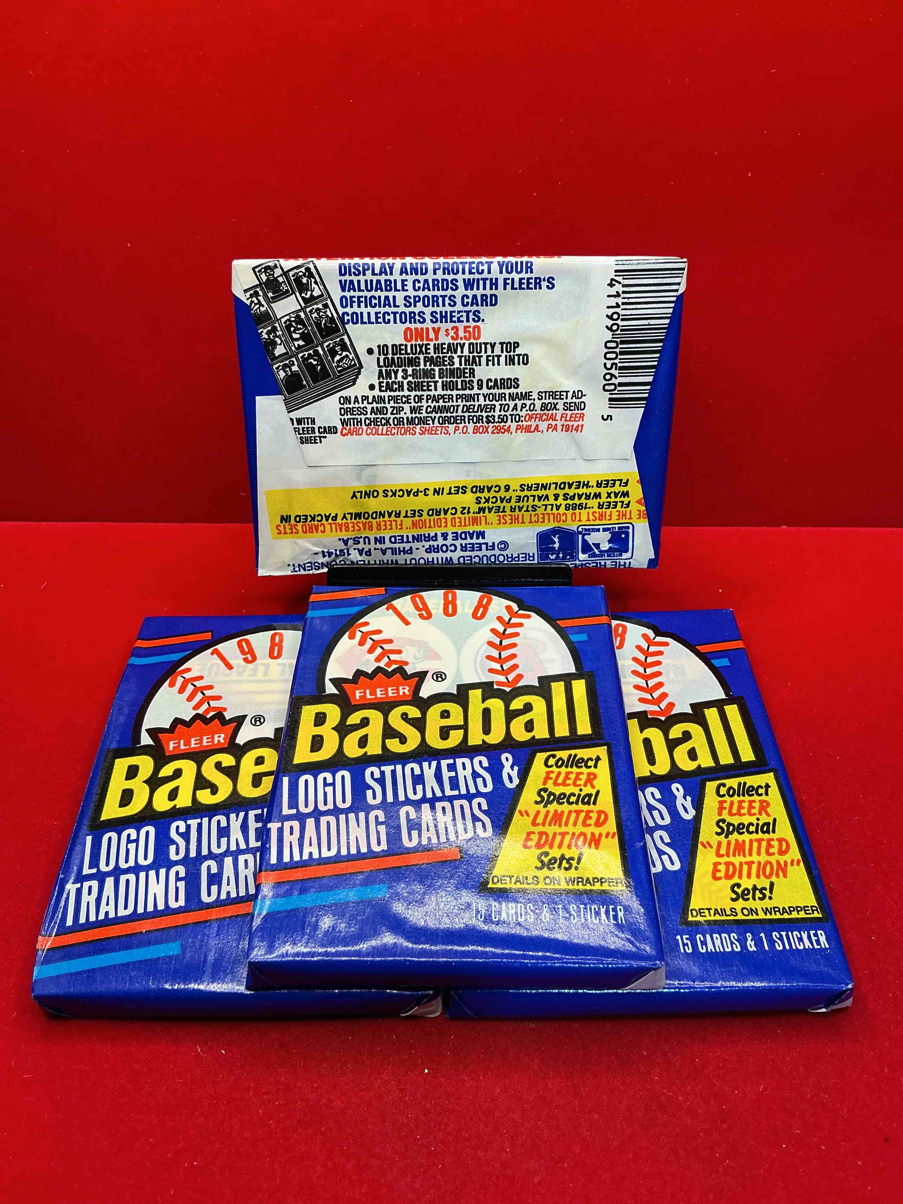 Condition photo showing New/Like New for 80's baseball fan's rejoice! 1988 fleer baseball unopened wax packs full of collectible trading cards! search for valuable don mattingly & nolan ryan cards worth hundreds in perfect condition!