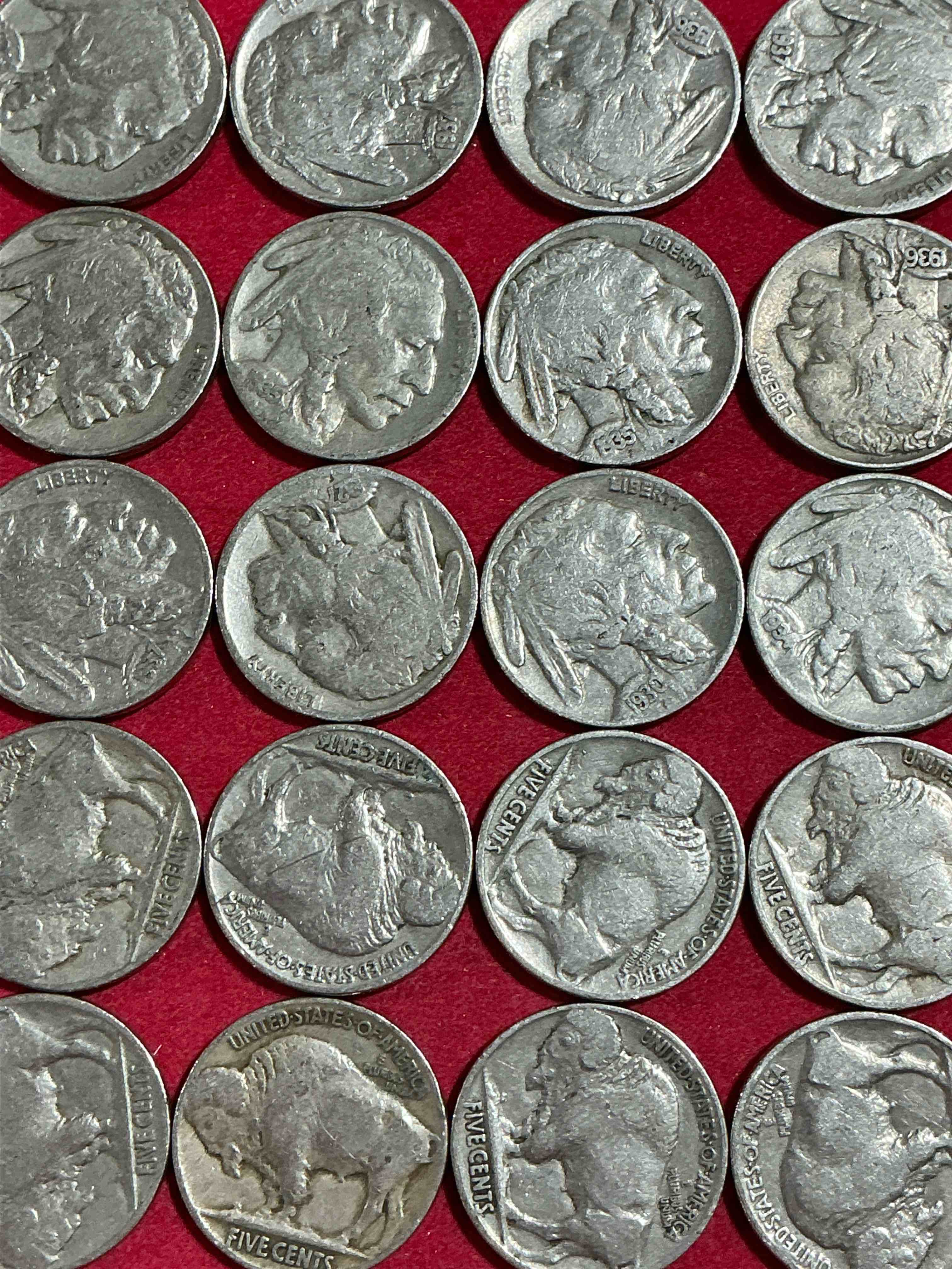 Condition photo showing Good Condition for historic buffalo nickels! indian head buffalo nickels were minted from 1913 to 1938 & have become a favorite for coin collectors around the world! own pieces of american history with these cool indian head buffalo nickels in circulated condition, some with visible dates is very rare for buffalo nickels!