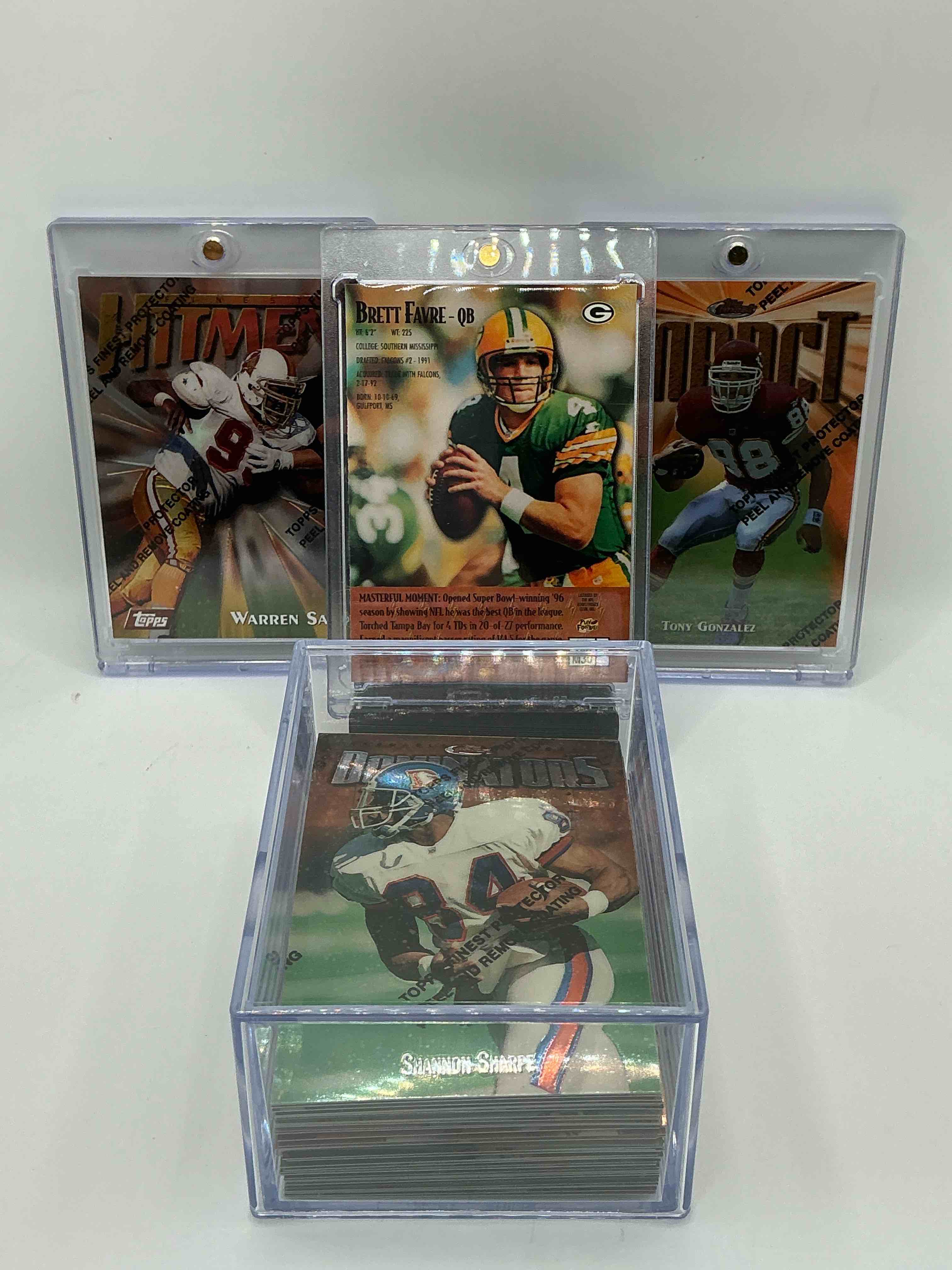 Condition photo showing New/Like New for this is crazy! 1997 topps finest 50 card craziness! 50 of the stars’ and legends’ cards from 1997 topps finest- all still have protective coating still on! wow! legends like brett favre, warren sapp, rookie tony gonzalez & so many more greats from the era! collect this while you still can!