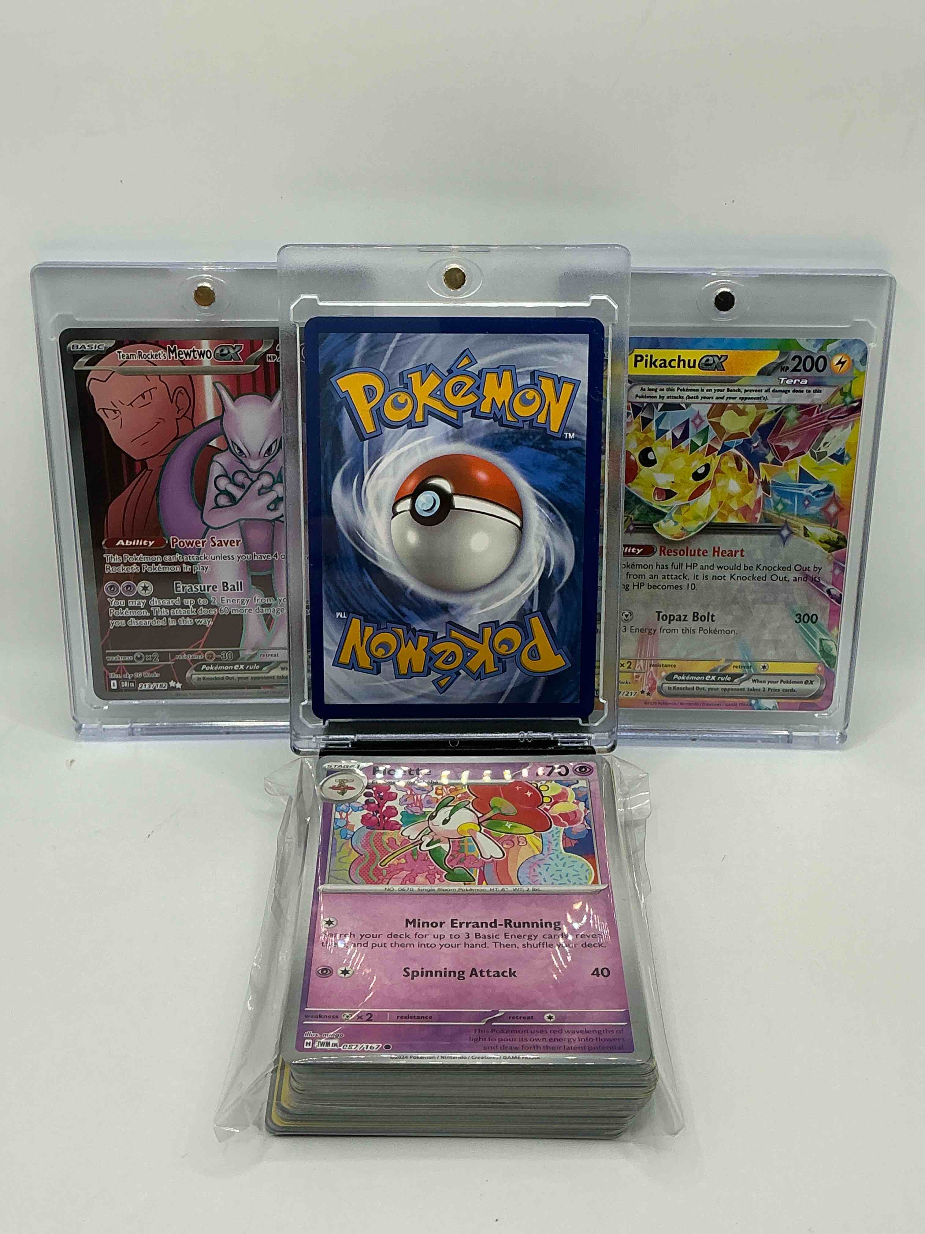 Condition photo showing New/Like New for charizard ex! team rocket’s mewtwo ex! pikachu ex! along with 50 other pokémon heroes, holos, legends & commons- including holographic cards, cool holos & more! includes 36 non holo common/ uncommon basic & first stage cards & could even include trainers & energy too! perfect set for collectors & enthusiasts!