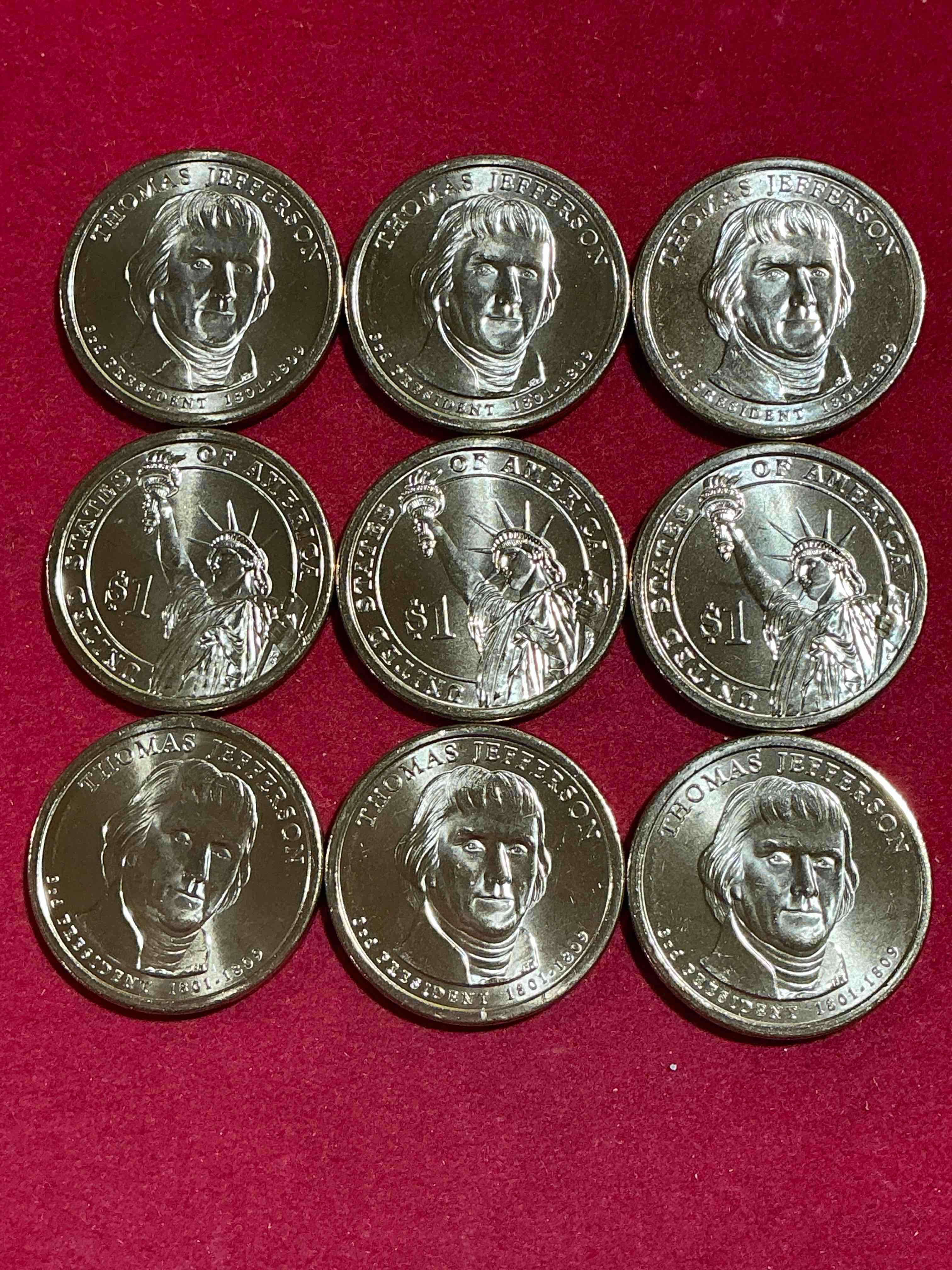 Condition photo showing New/Like New for thomas jefferson 2007 one dollar coins! uncirculated coin! these coins are in mint condition, and some of the most collectible coins out there! rare, uncirculated, one dollar coins featuring thomas jefferson!