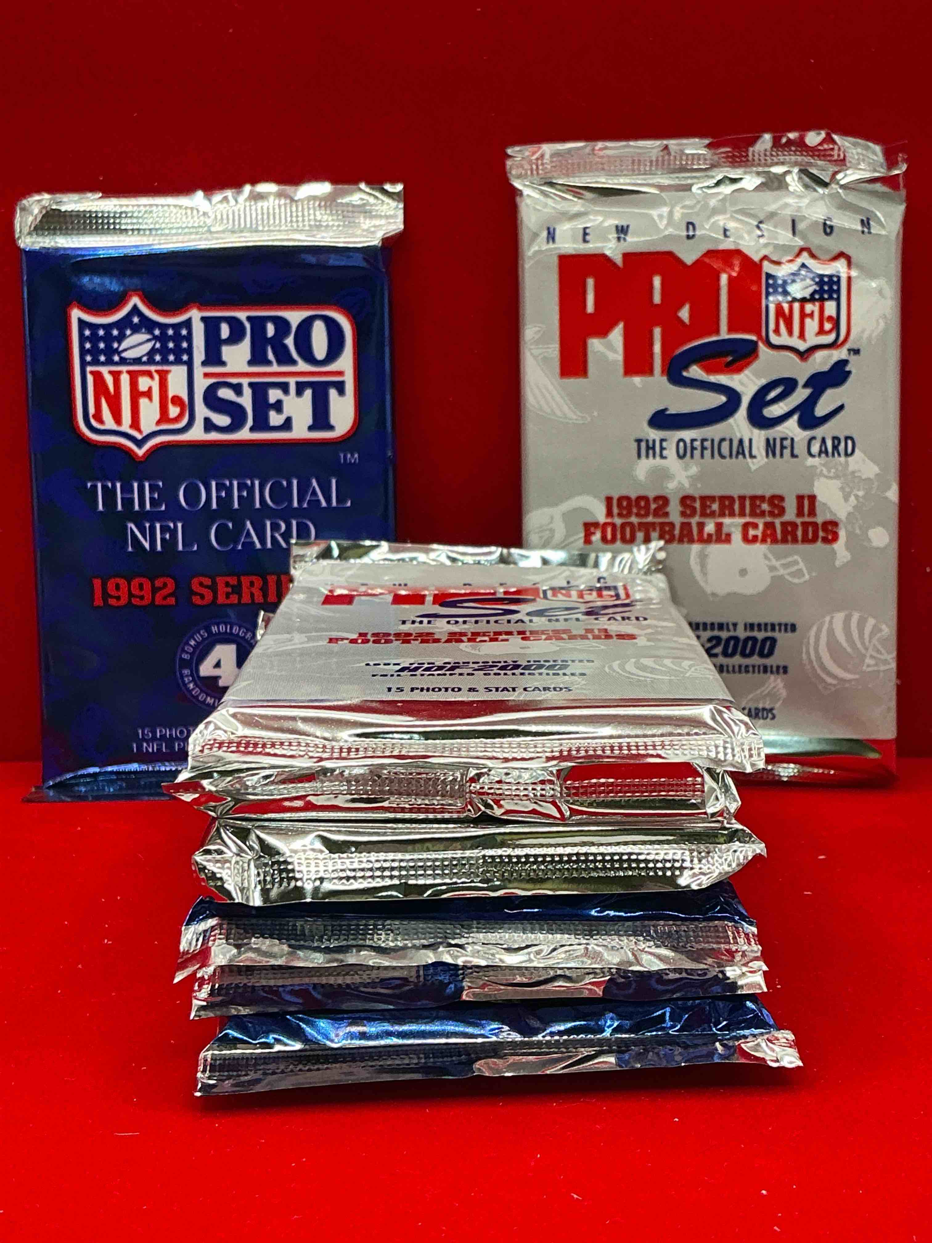 Condition photo showing New/Like New for nfl pro set! wow! 1992 series i & ii football cards! possible rice, montana, elway, sanders, jackson & more! search for limited edition randomly inserted hof 2000 stamped collectibles! 
