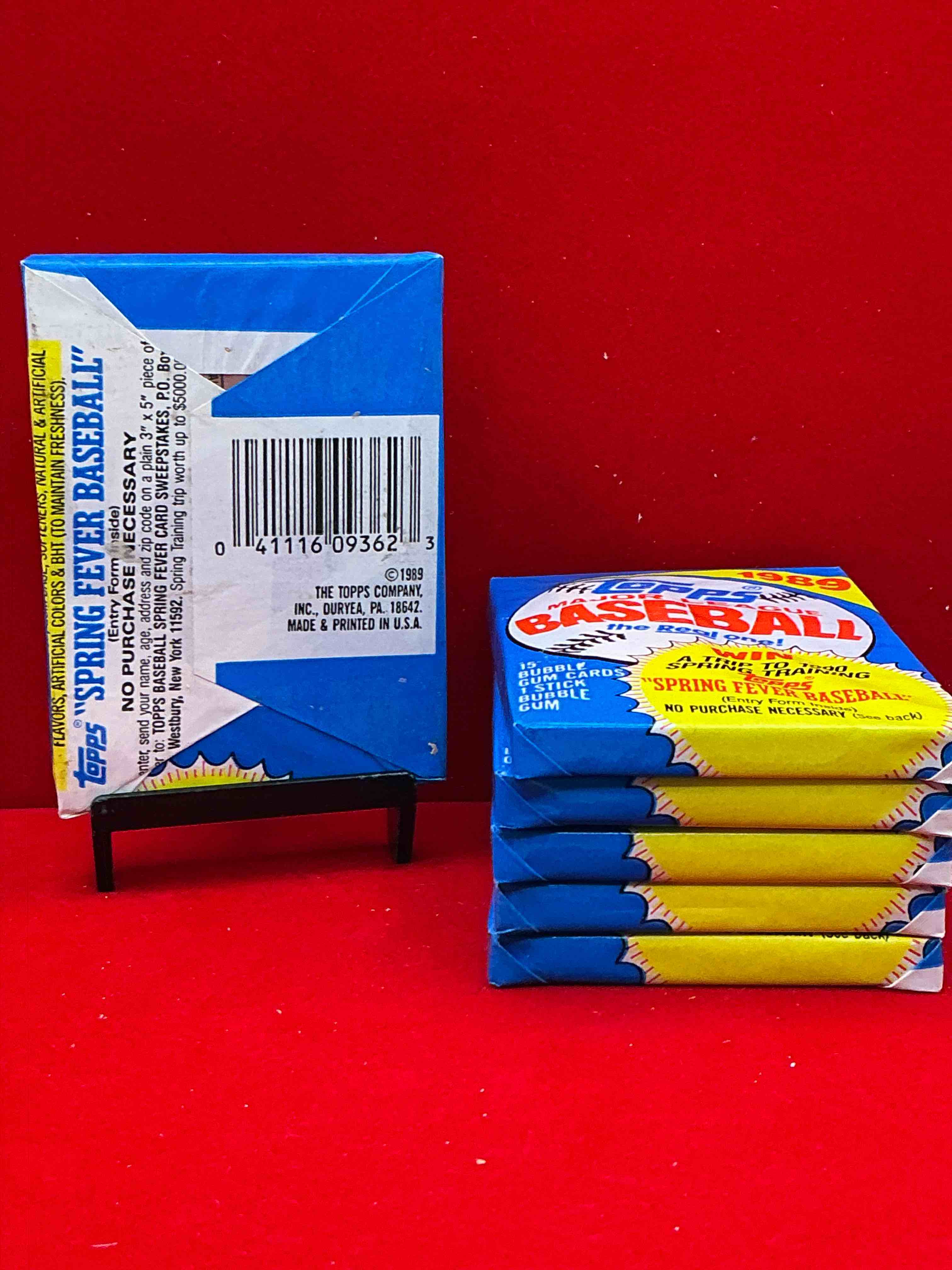 Condition photo showing New/Like New for john smoltz & randy johnson rookies!? 1989 topps baseball unopened sports card wax packs! direct from original retail case! search for valuable ken griffey jr. & randy johnson rookie cards as well as valuable bo jackson