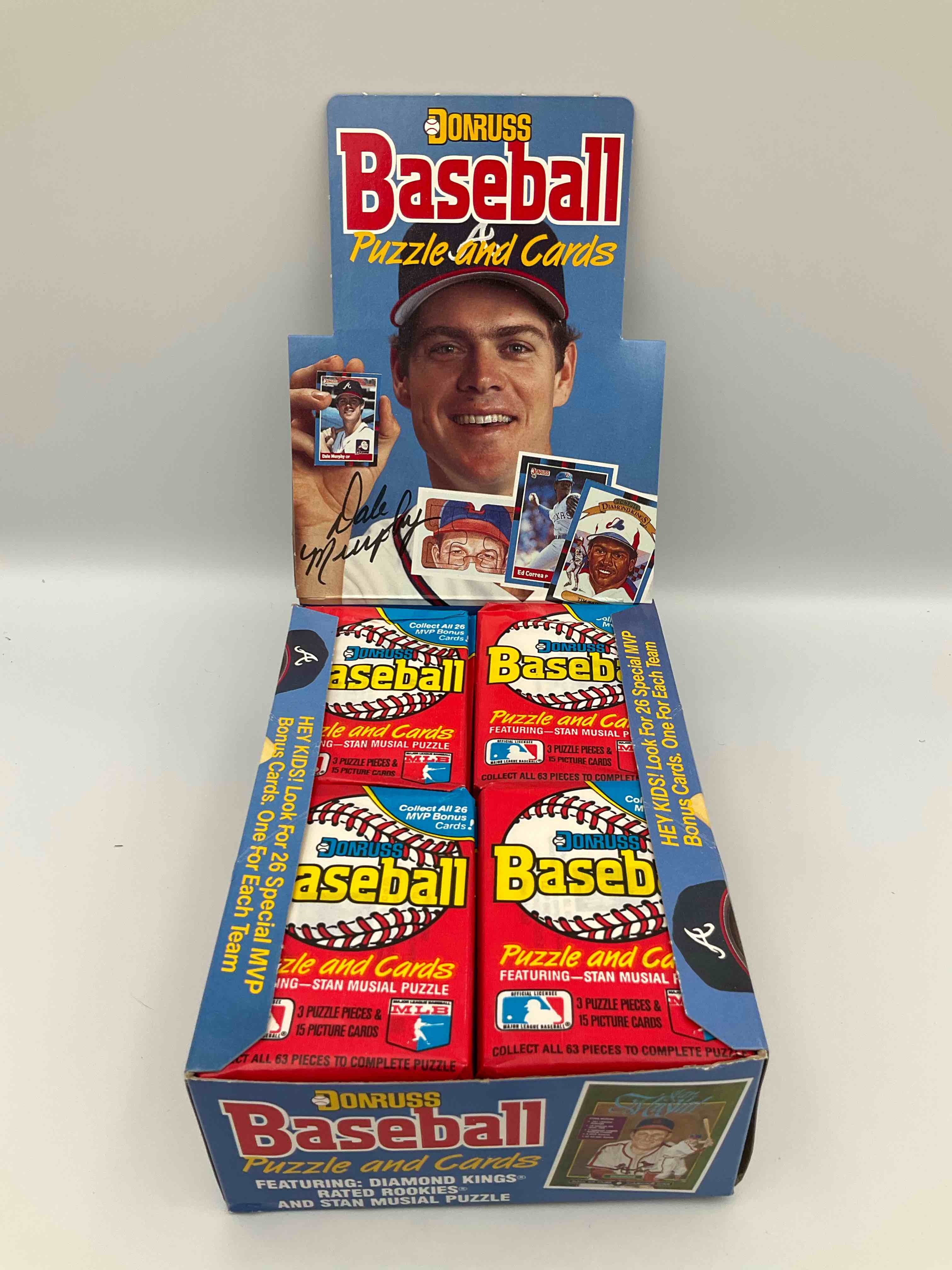 Condition photo showing New/Like New for 1988 donruss baseball unopened sports card wax packs, direct from original box!search for valuable don mattingly & nolan ryan cards!