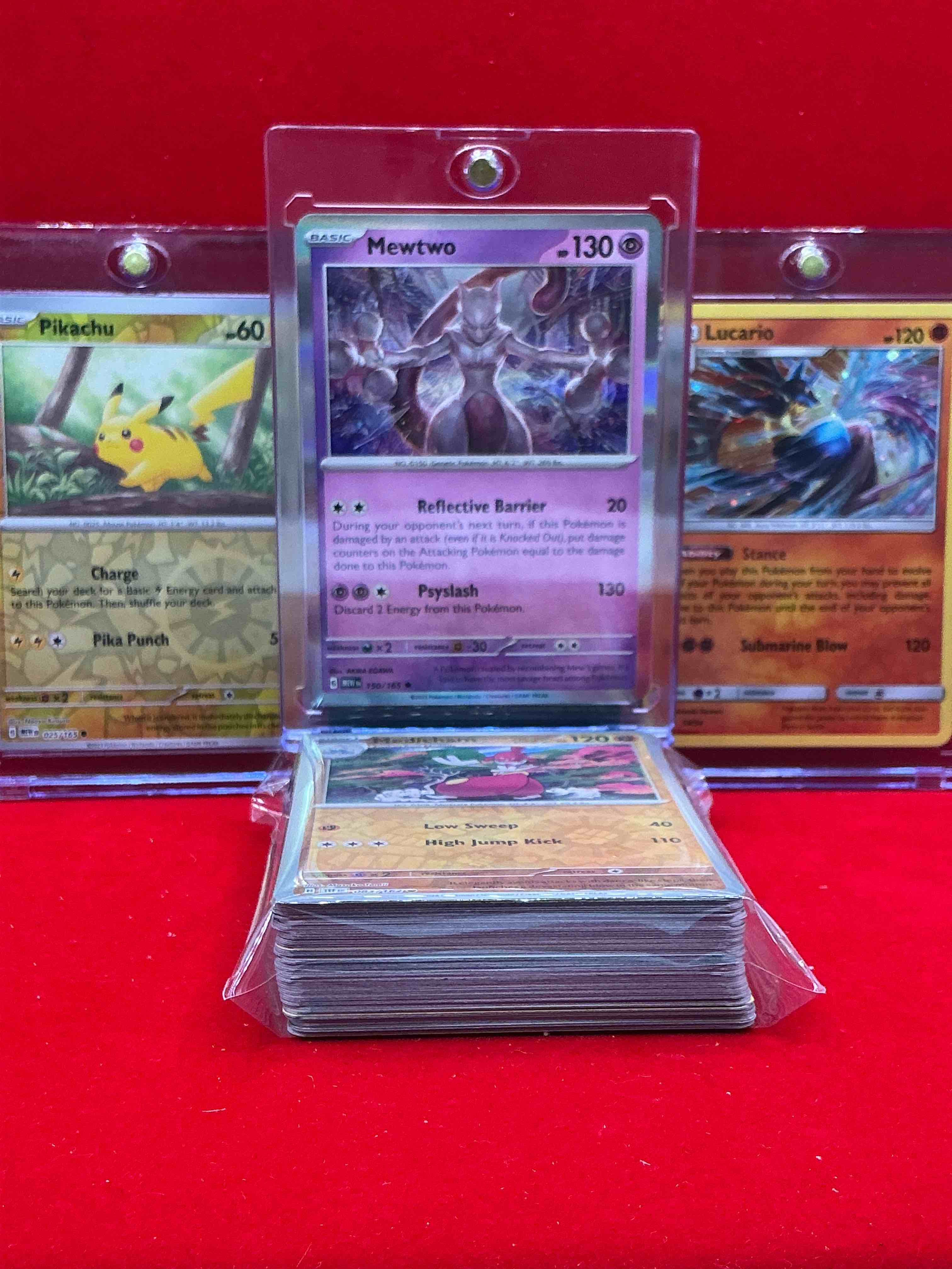 Condition photo showing New/Like New for mewtwo holo, lucario & pikachu & more! along with 50 other pokémon heroes, holos, legends & commons- including holographic cards, cool holos & more! includes 36 non holo common/ uncommon basic & first stage cards & could even include trainers & energy too! perfect set for collectors & enthusiasts!