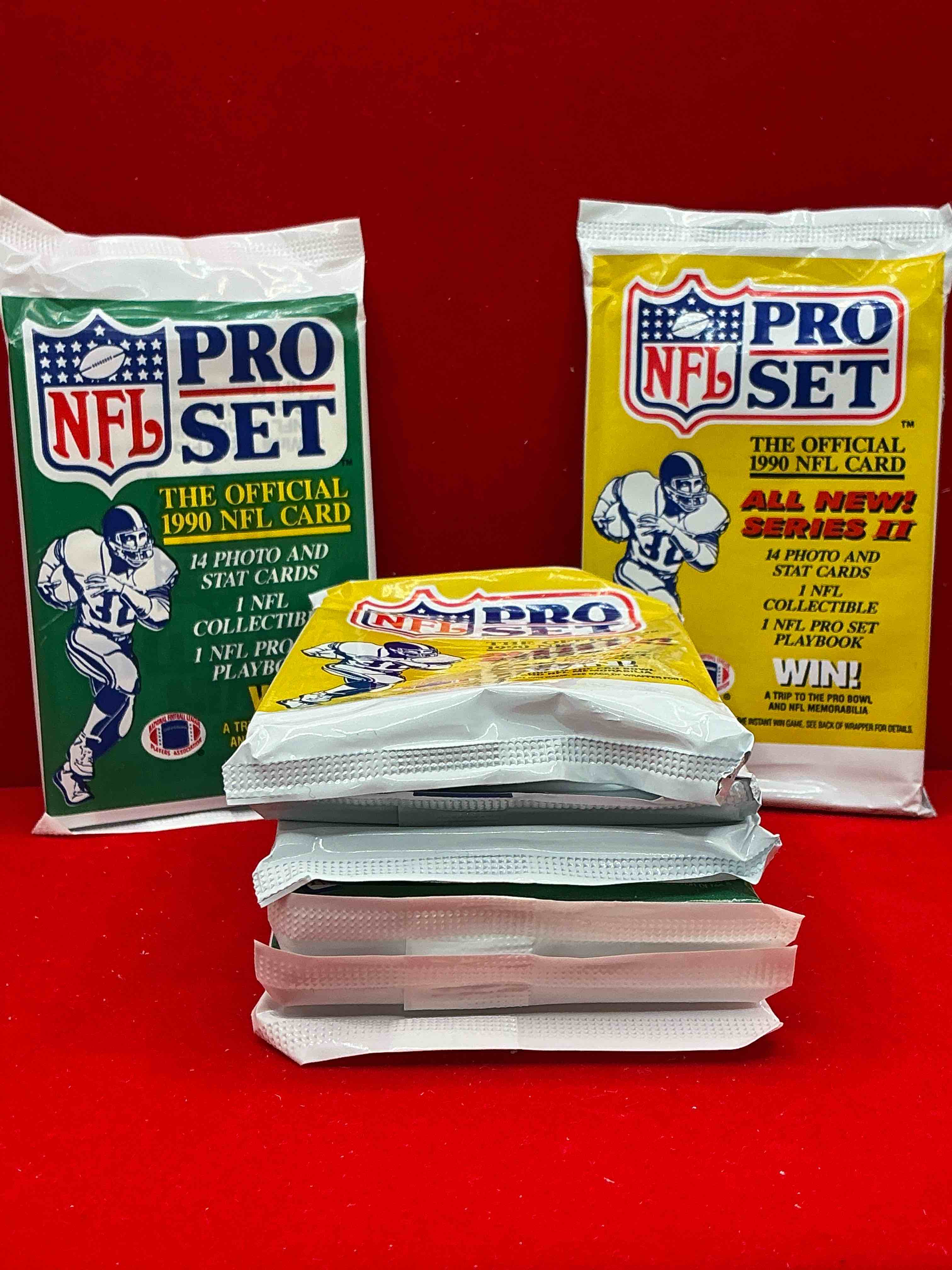 Condition photo showing New/Like New for wow! 1990 pro set football sealed card packs, series i & ii, direct from original retail case!highly sought after by collectors as this year is loaded with high profile cards!search for cards from barry sanders, deion sanders, troy aikman, michael irvin & much more! getting hard to find!
