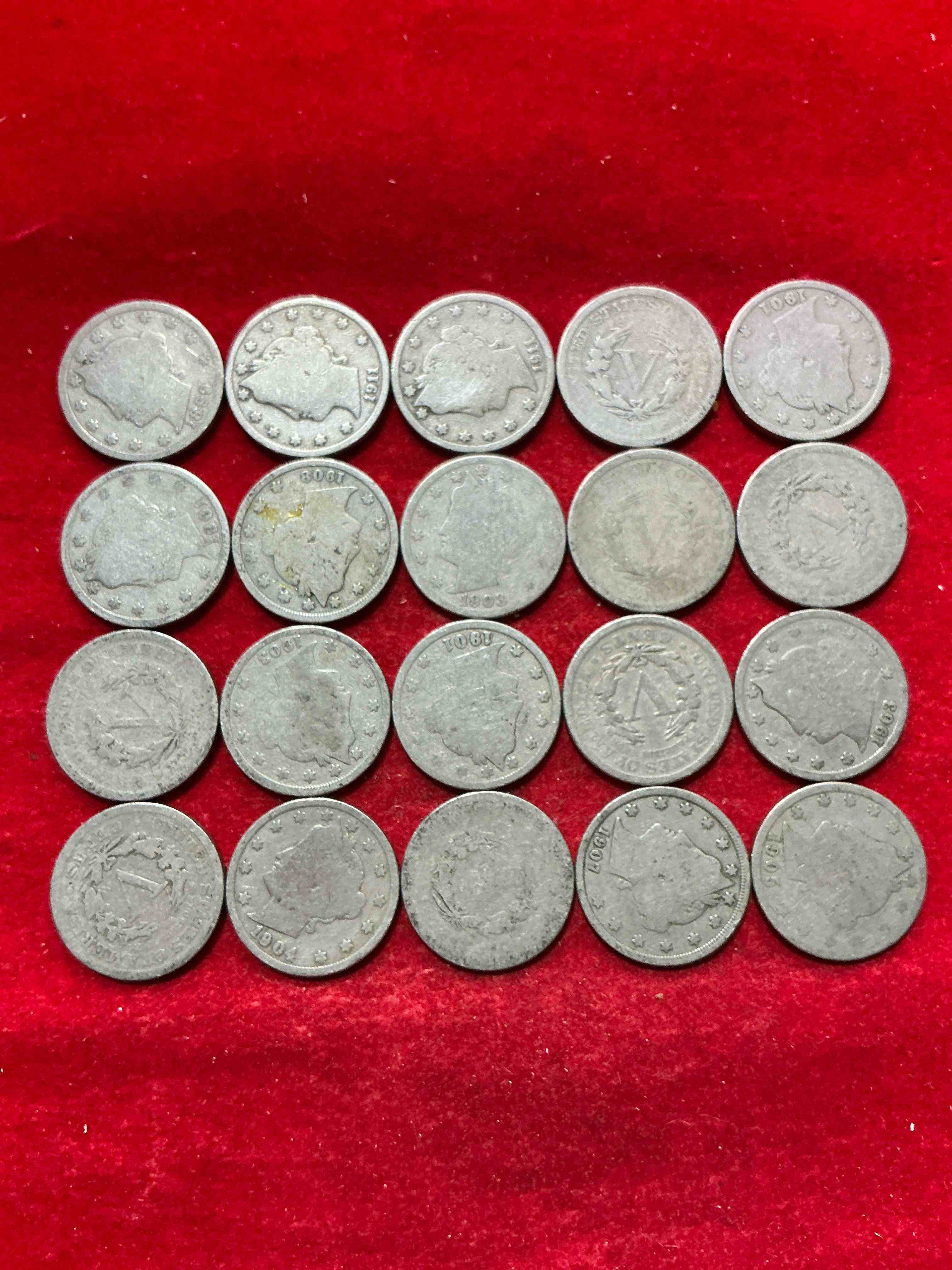 Condition photo showing Good Condition for antique u.s. v nickels! think of the history these coins have seen!, liberty head v nickels were minted up until 1913 & were the style of nickels before buffalo nickels. own some cool pieces of history! rare to see these coins with the "date on" in circulated condition!