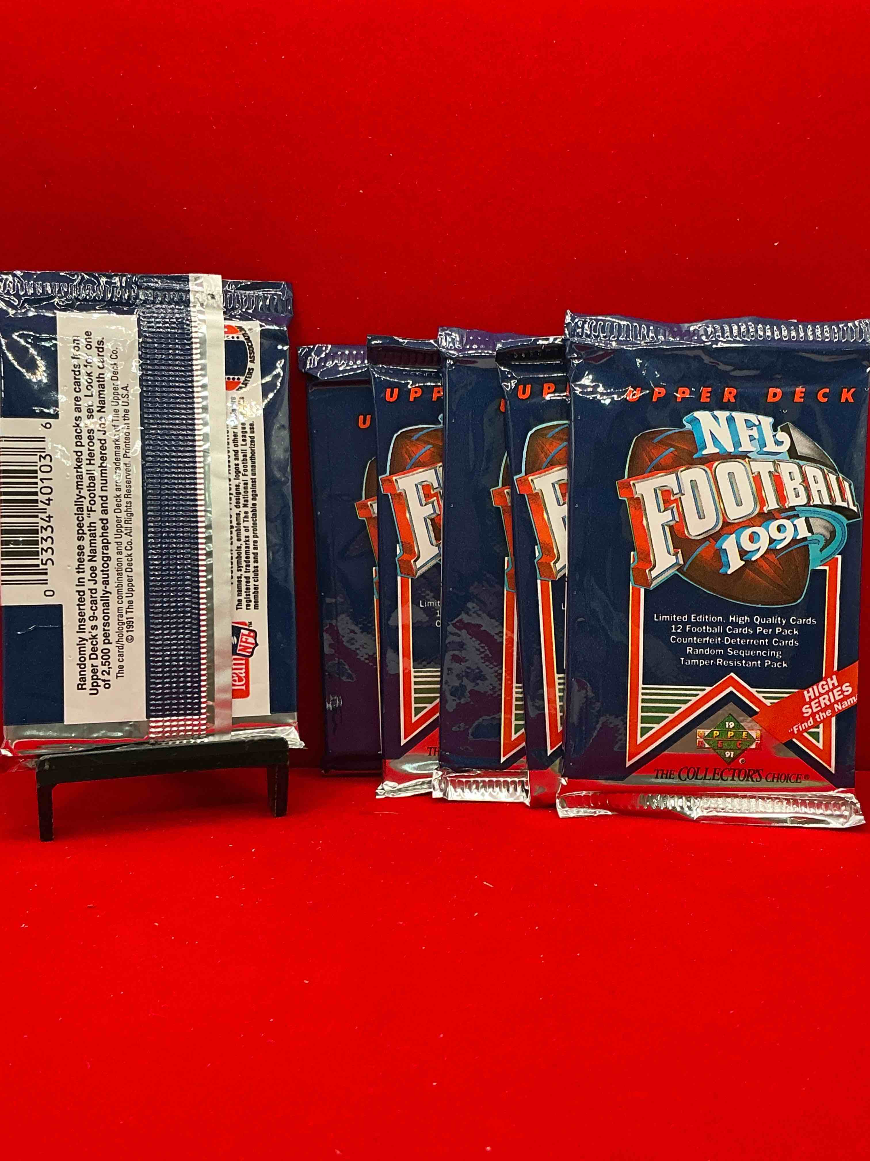 Condition photo showing New/Like New for rare & vintage! 1991 upper deck high series edition unopened nfl football packs! find the namath! direct from original box! brett favre rookie year! search for brett favre rookie & other 80s stars!