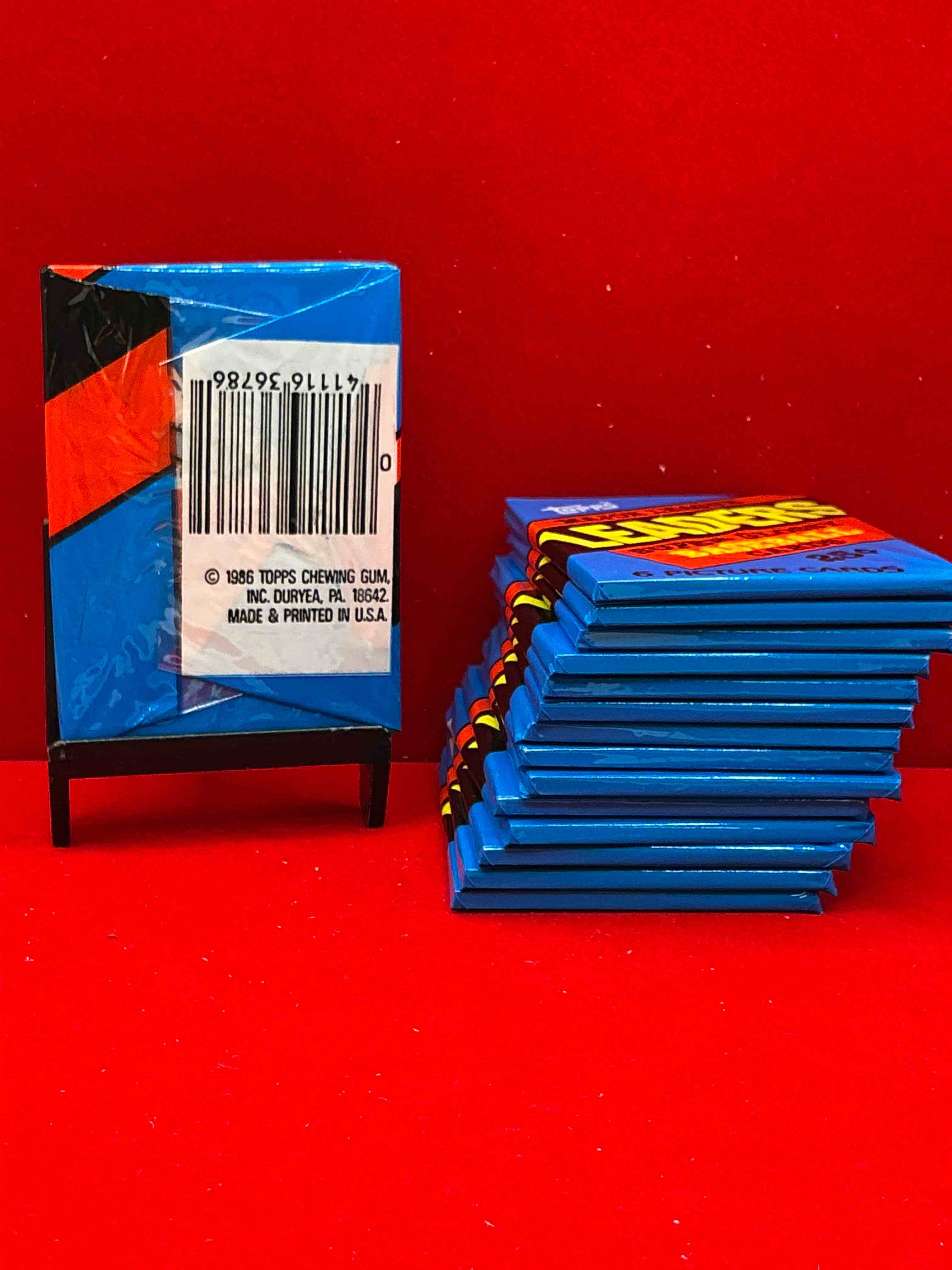 Condition photo showing New/Like New for ultra rare! 1986 "mlb leaders" unopened miniature baseball collectible card packs, 6 cards per pack, direct from original retail case. super rare, impossible to find! like new condition!