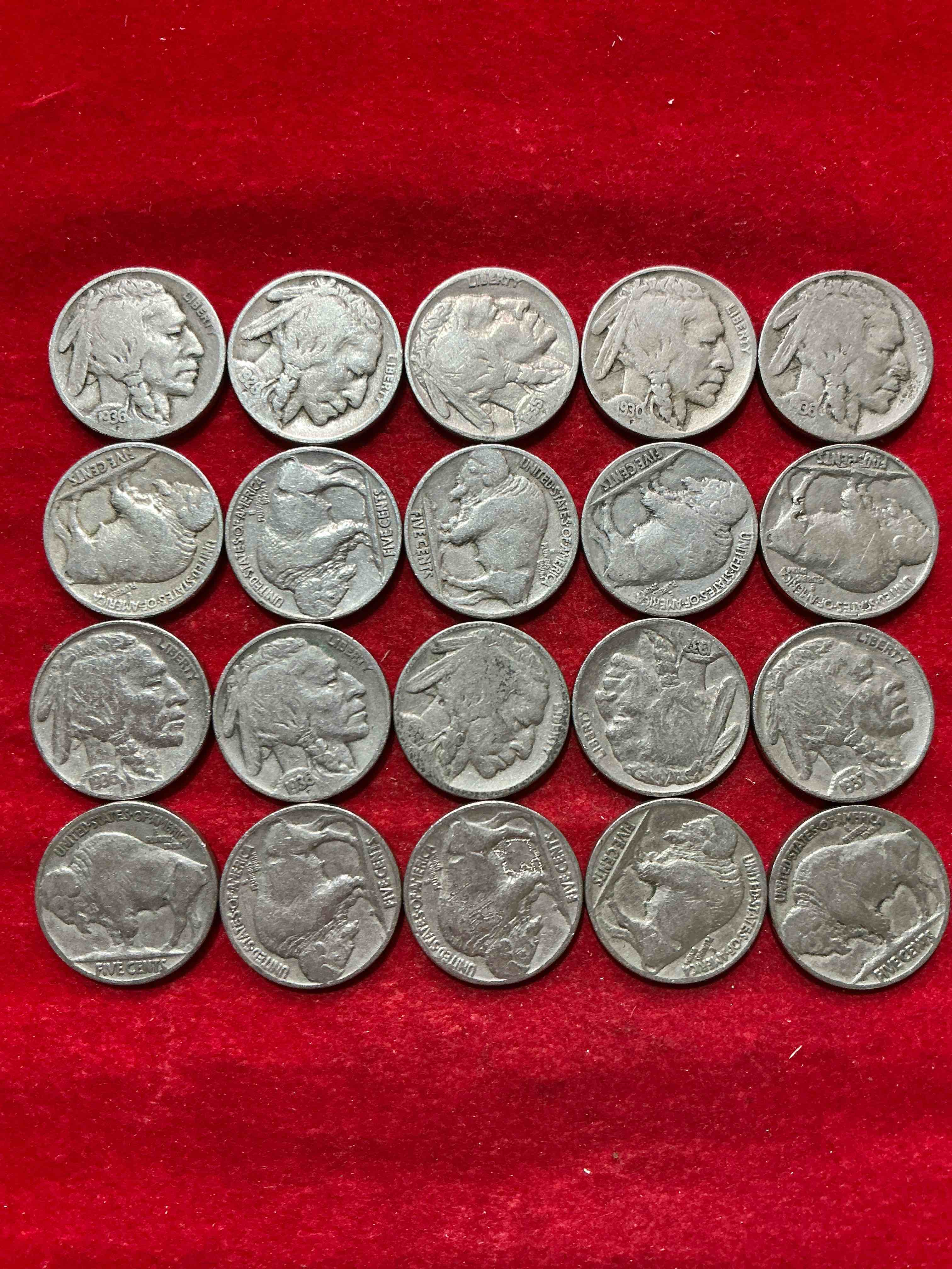 Condition photo showing Good Condition for historic buffalo nickels! indian head buffalo nickels were minted from 1913 to 1938 & have become a favorite for coin collectors around the world! own pieces of american history with these cool indian head buffalo nickels in circulated condition, some with visible dates is very rare for buffalo nickels!