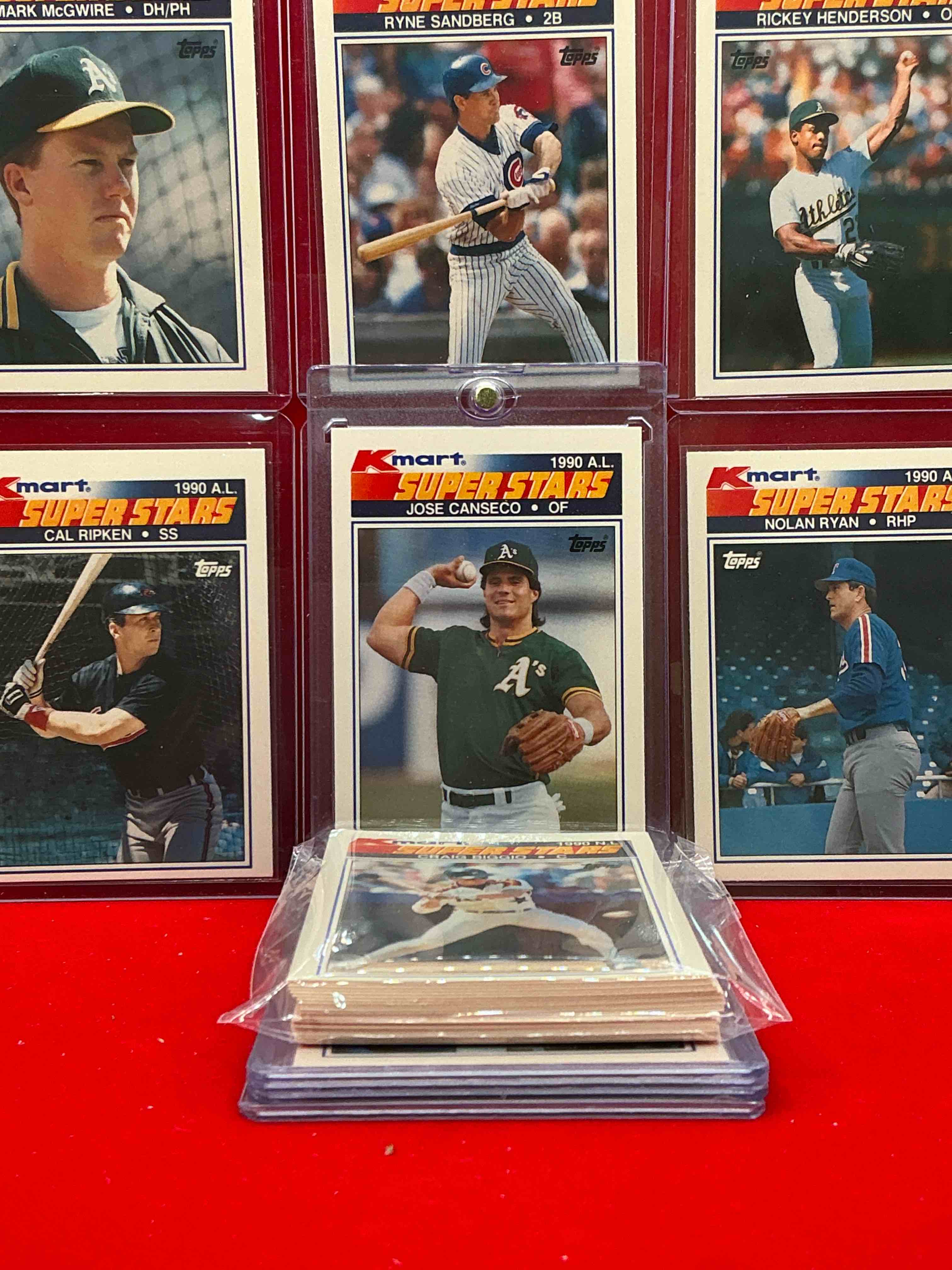 Condition photo showing New/Like New for k-mart exclusive topps baseball superstars! jose canseco, mark mcgwire, rickey henderson, ryne sandberg, nolan ryan & more! 33 card collector’s edition topps baseball superstars! k-mart exclusive edition!