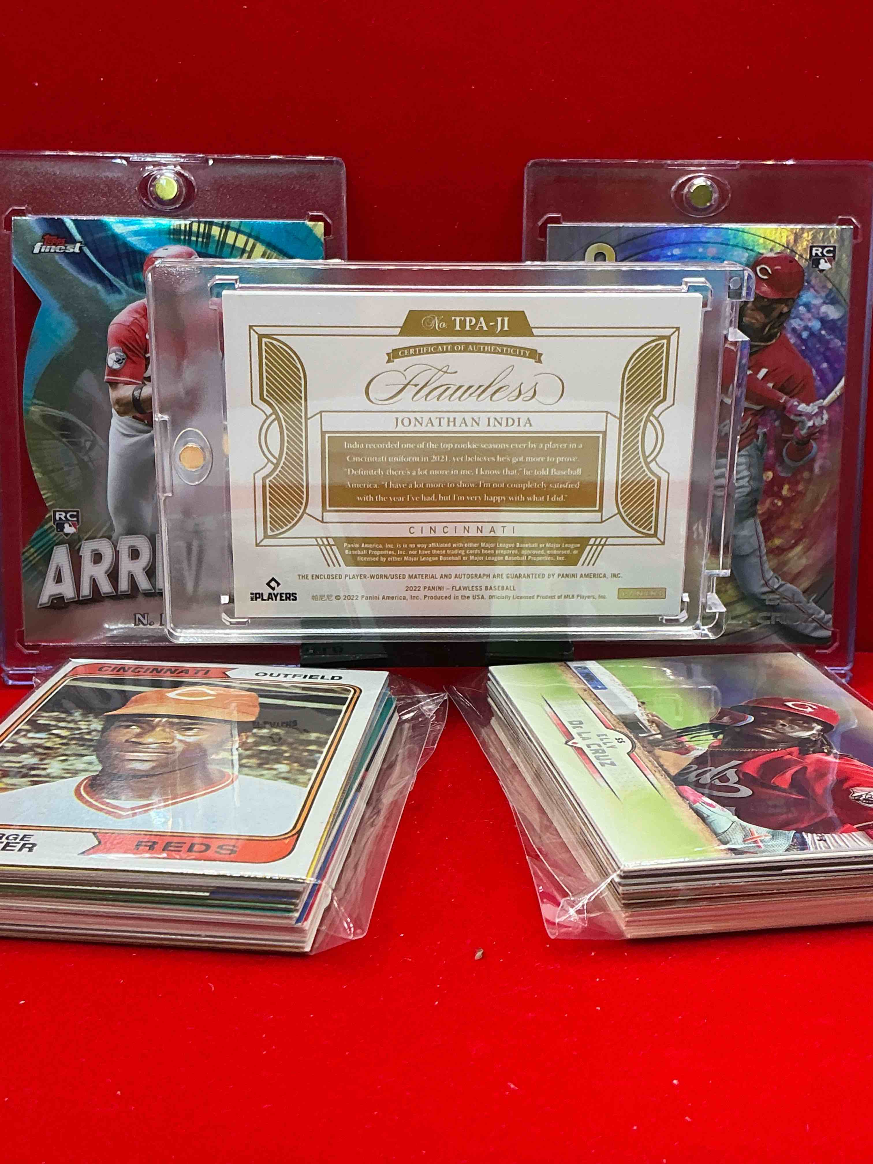 Condition photo showing New/Like New for flawless on card autograph jonathan india triple patch /20 wow! elly de la cruz rookie card, marte topps finest rookie! wow! 50 card cincy reds lot! awesome trio, this lot includes commons, legends, vintage & new! cincy!