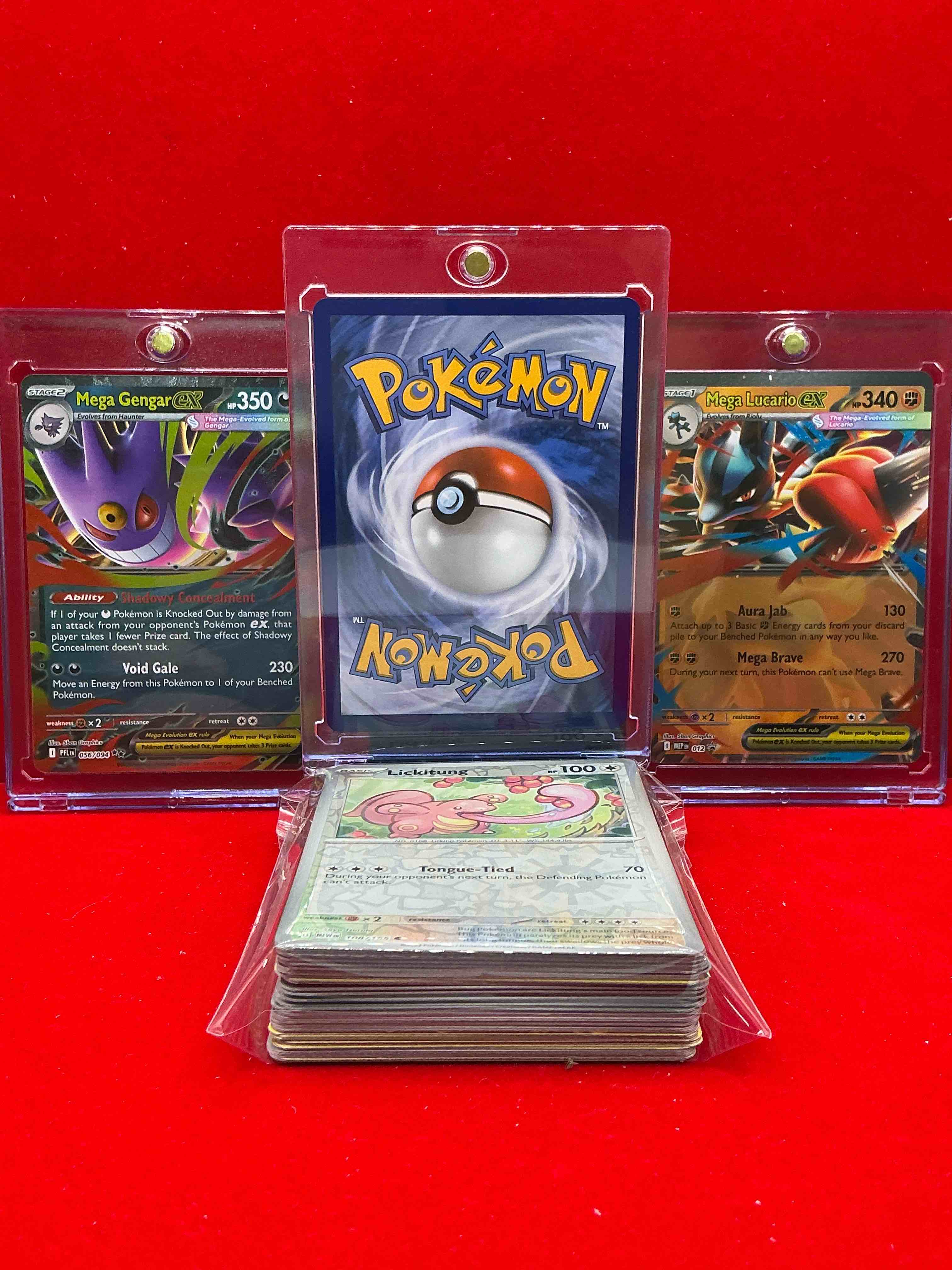 Condition photo showing New/Like New for mega ex extravaganza! mega charizard, mega gengar & mega lucario ex! along with 50 other pokémon heroes, holos, legends & commons- including holographic cards, cool holos & more! includes 36 non holo common/ uncommon basic & first stage cards & could even include trainers & energy too! perfect set for collectors & enthusiasts!
