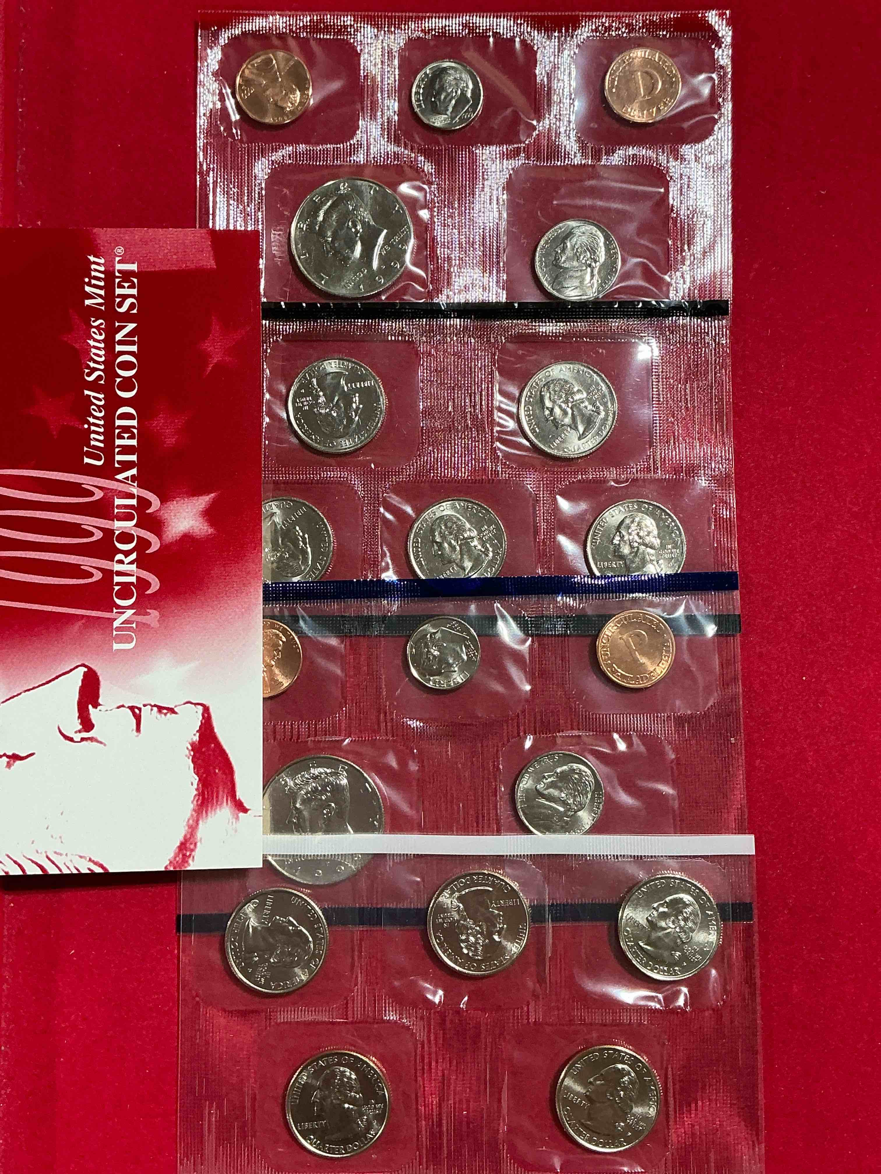 1999 uncirculated mint set coins! 20 coin mint set from philadelphia & denver! 20 coin uncirculated lot, with quarters, nickels, half dollars, dimes, pennies & more! uncirculated coin craziness!