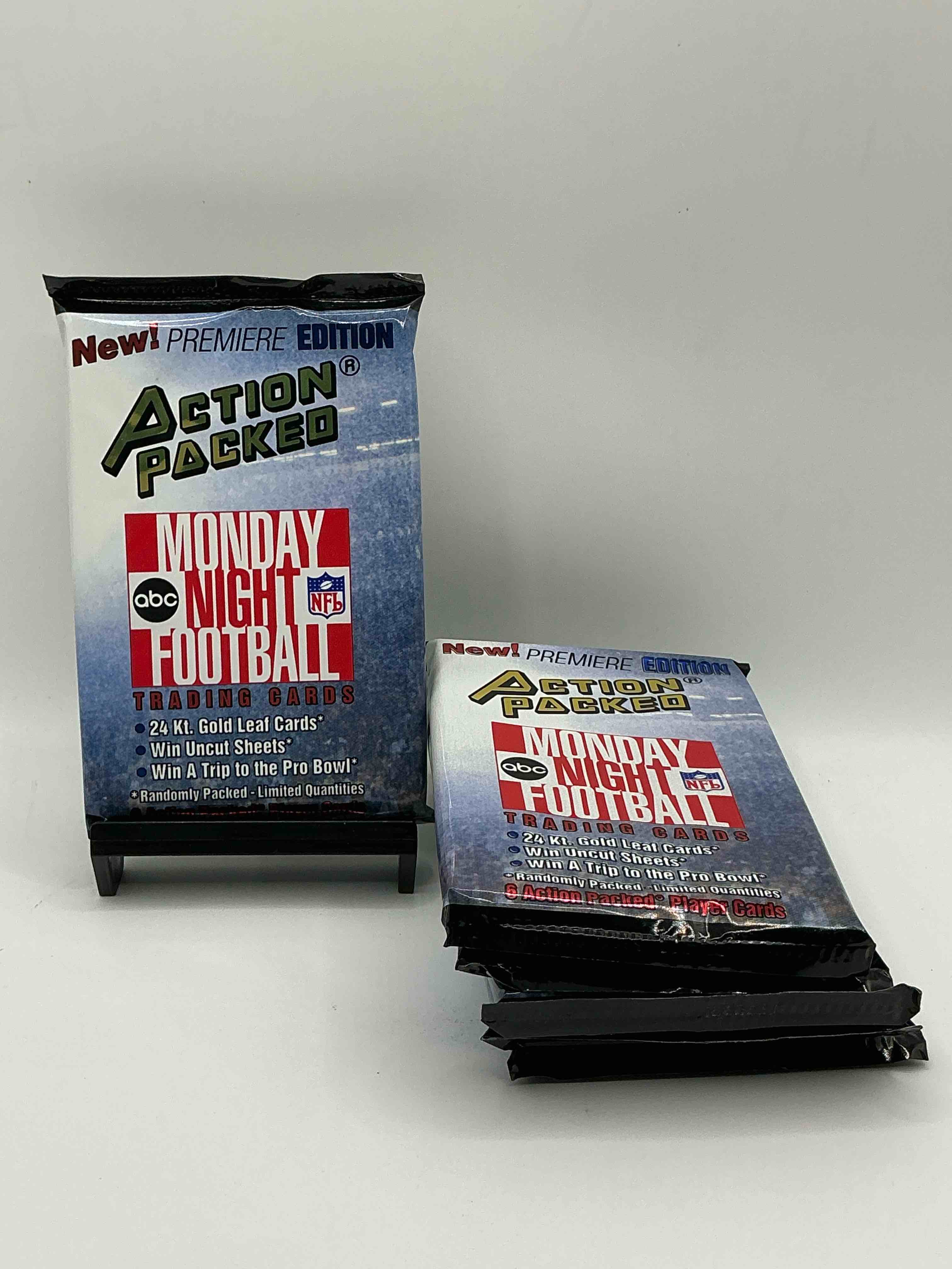 Condition photo showing New/Like New for 1991 nfl action packed! guaranteed star card inside! possible 24k gold leaf cards! awesome nfl packs! search for stars, michael irvin, jerry rice, joe montana, bo jackson, barry sanders & more!