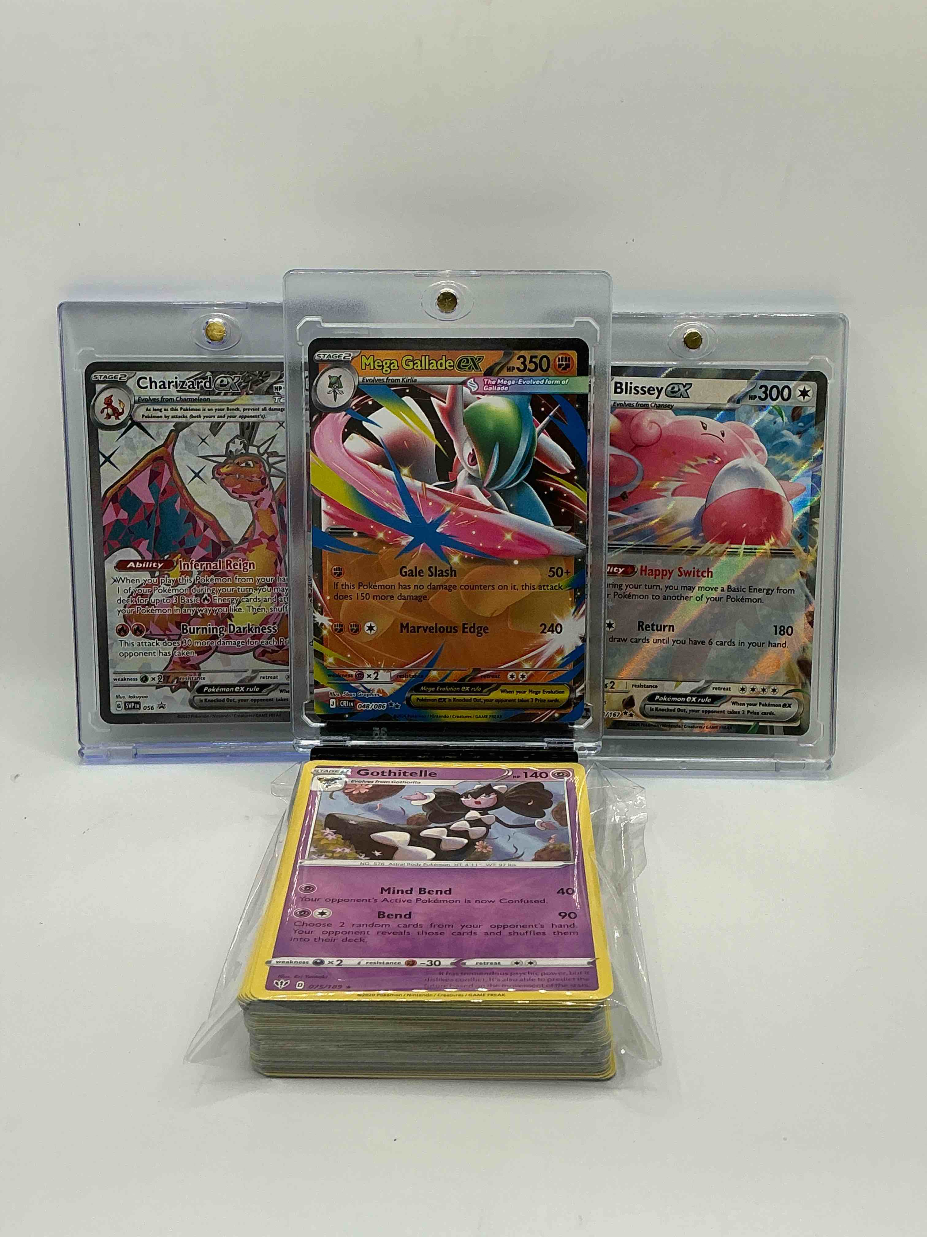 Condition photo showing New/Like New for mega gallade ex! charizard ex! blissey ex! along with 50 other pokémon heroes, holos, legends & commons- including holographic cards, cool holos & more! includes non holo common/ uncommon basic & first stage cards & could even include trainers & energy too! perfect set for collectors & enthusiasts!